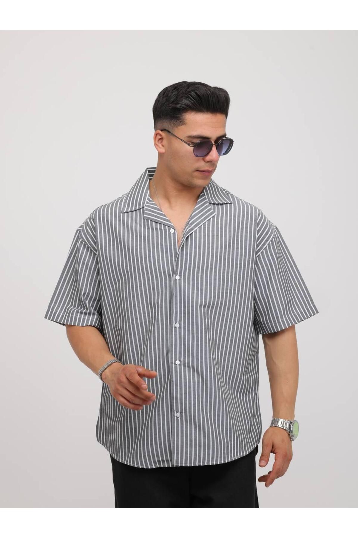 Alpha star Dokuma çizgili oversize gömlek