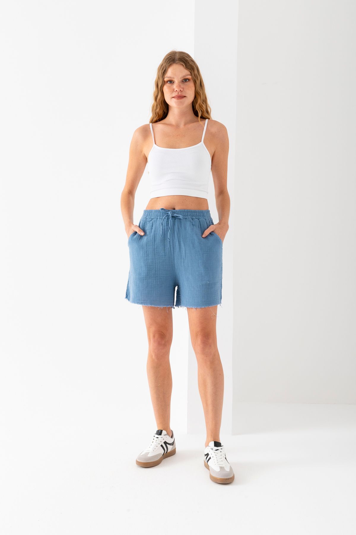 EtkiModa Kadın %100 Pamuk Bebe Mavi Geniş Paça Muslin Şort