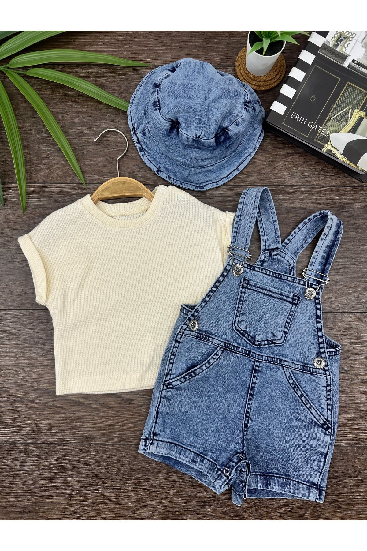 seanto Unisex Bebek Şapkalı Kot Salopet Takım - 3 Parça