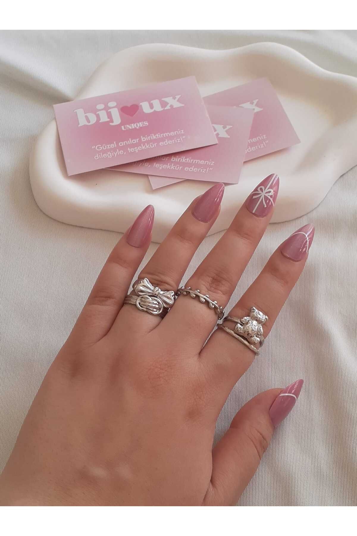 bijoux uniques 5li Fiyonk&Ayıcık Figürlü Gümüş Bijuteri Yüzük Seti