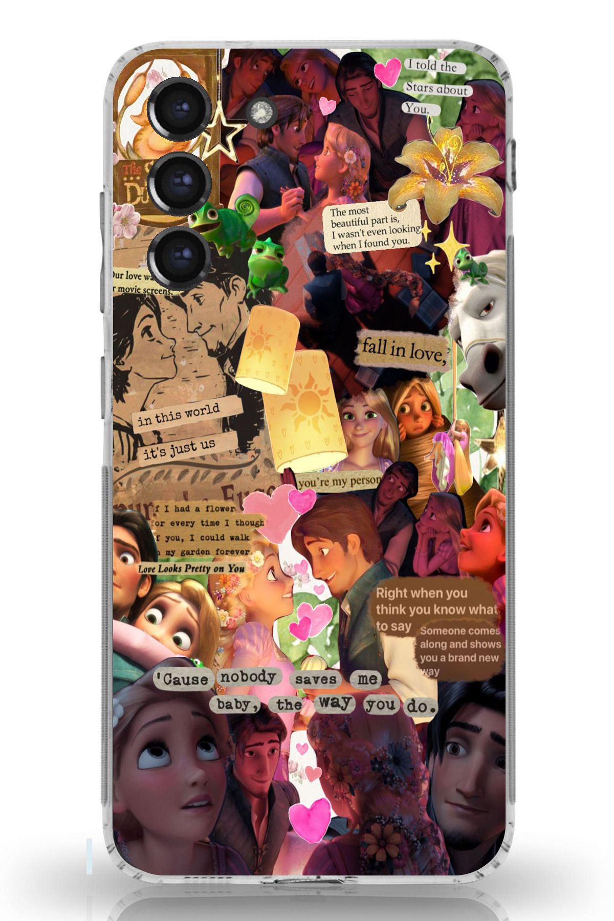 TechTree Galaxy S21 FE Uyumlu Rapunzel Tangled Çıkartma Kolaj Tasarımlı Şeffaf Silikon Kılıf