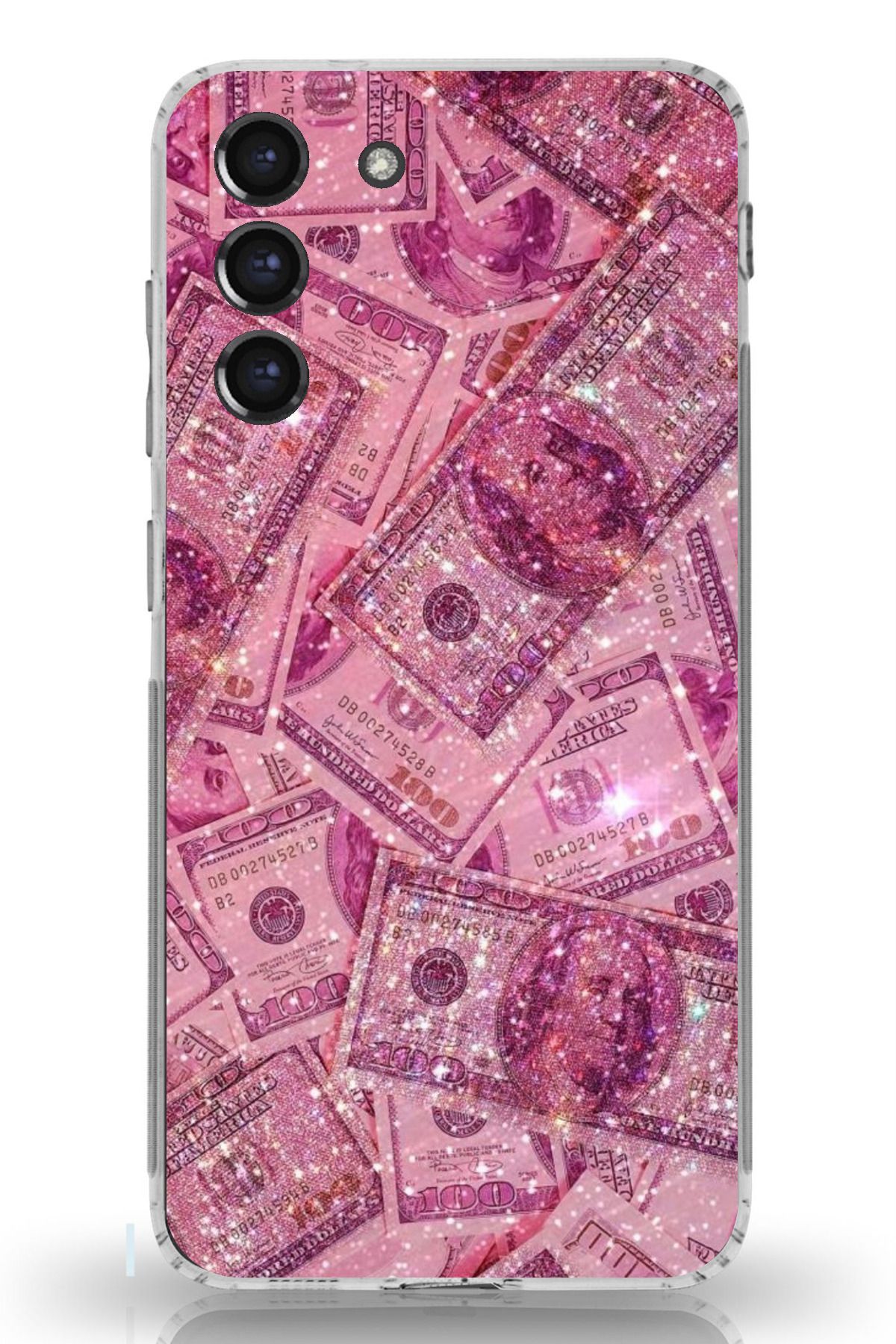 TechTree Galaxy S21 FE Uyumlu Pembe Işıltılı Dolarlar Şeffaf Silikon Kılıf