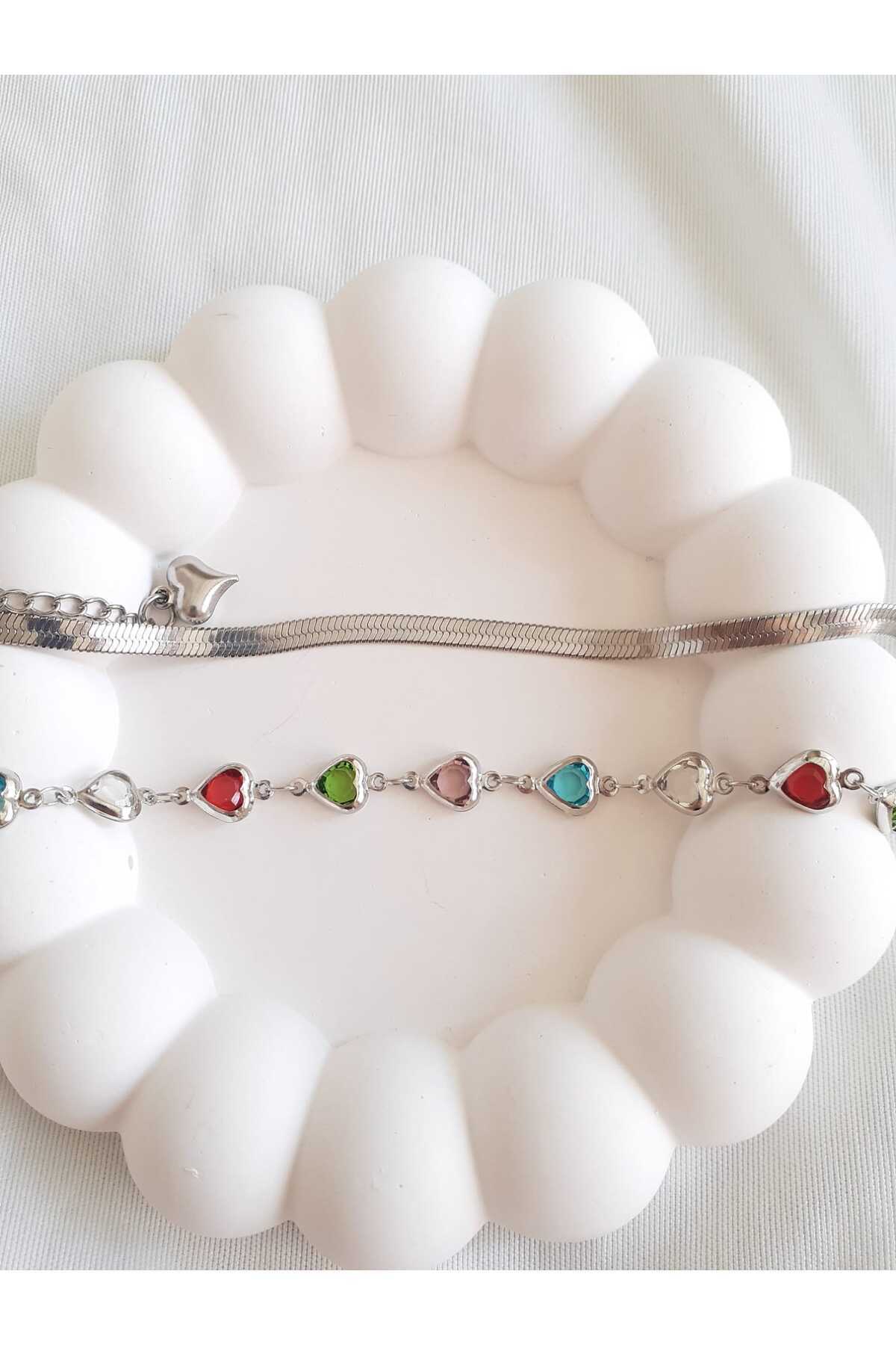 bijoux uniques-Set of 2 Colorful Heart Italian Chain Steel Bracelets 2
