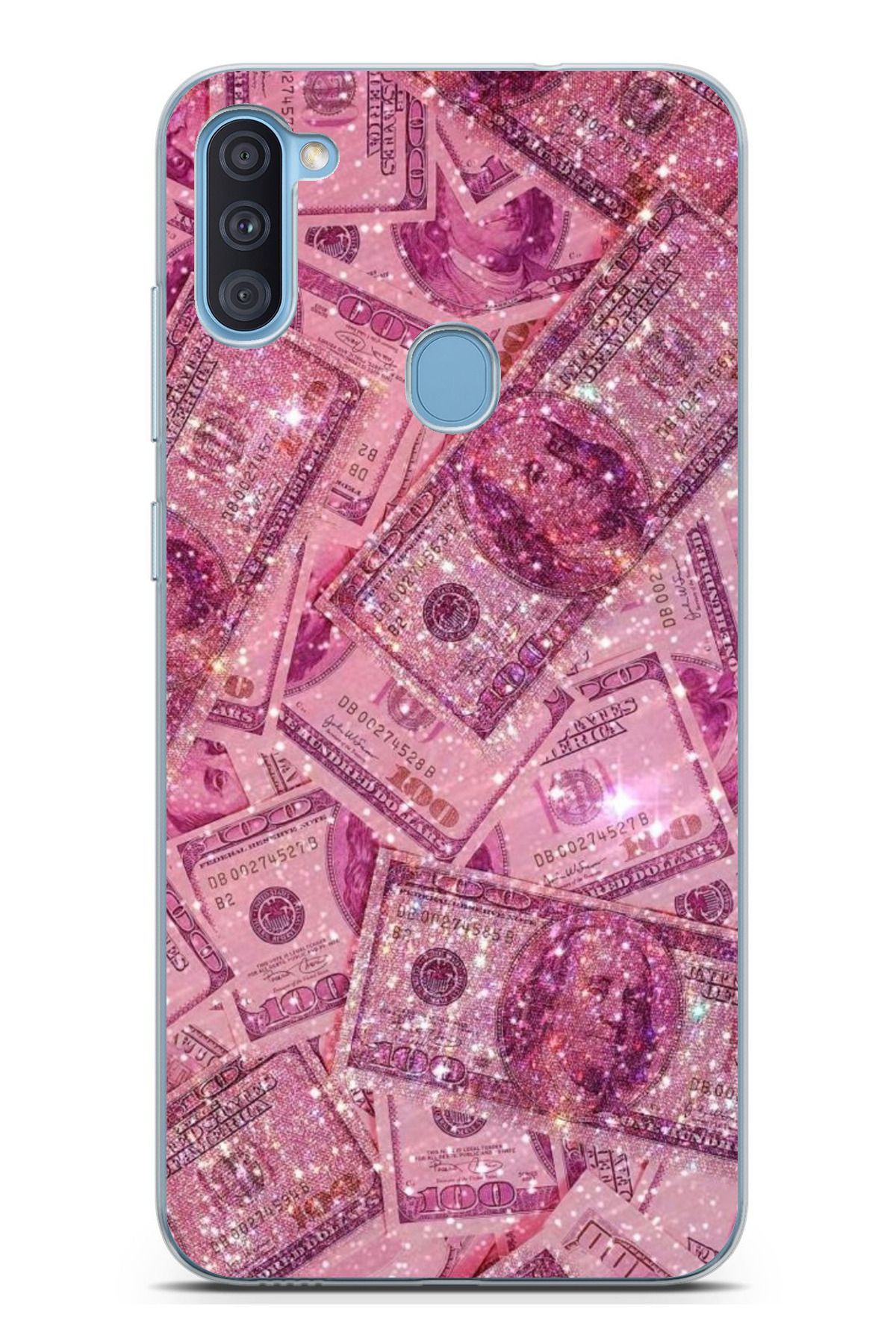 TechTree Galaxy A11 - M11 Uyumlu Pembe Işıltılı Dolarlar Şeffaf Silikon Kılıf