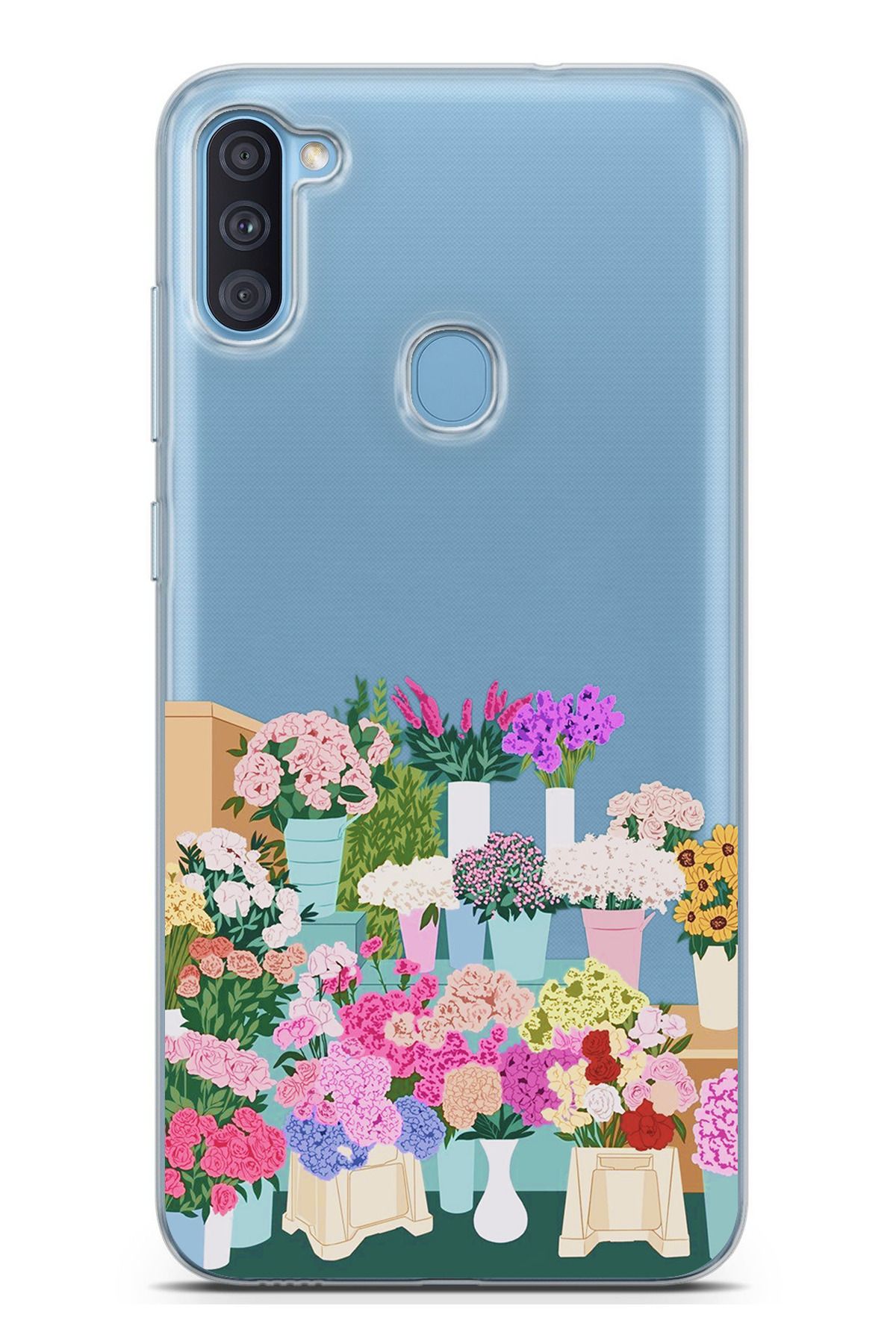 TechTree Galaxy A11 - M11 Uyumlu Vazoda Çiçekler Tasarımlı Şeffaf Silikon Kılıf