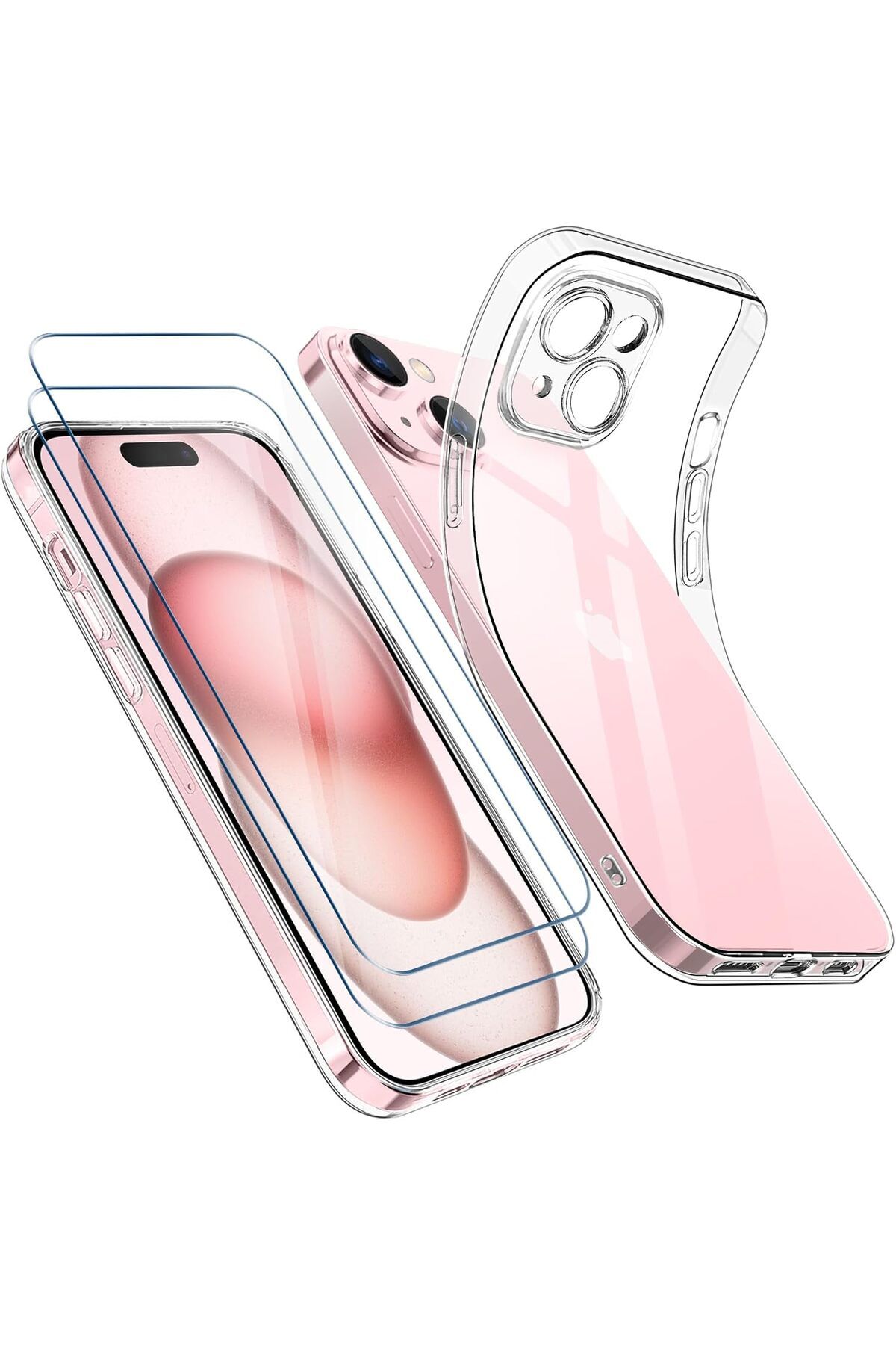 Rivor Apple iPhone 15 Plus Uyumlu Kılıf Kamera Çıkıntılı Şeffaf İnce Silikon Kapak + 9H Ekran Koruyucu Set
