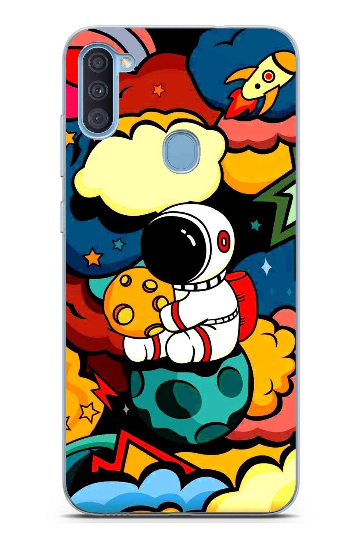 TechTree Galaxy A11 - M11 Uyumlu Renkli Astronot Tasarımlı Şeffaf Silikon Kılıf