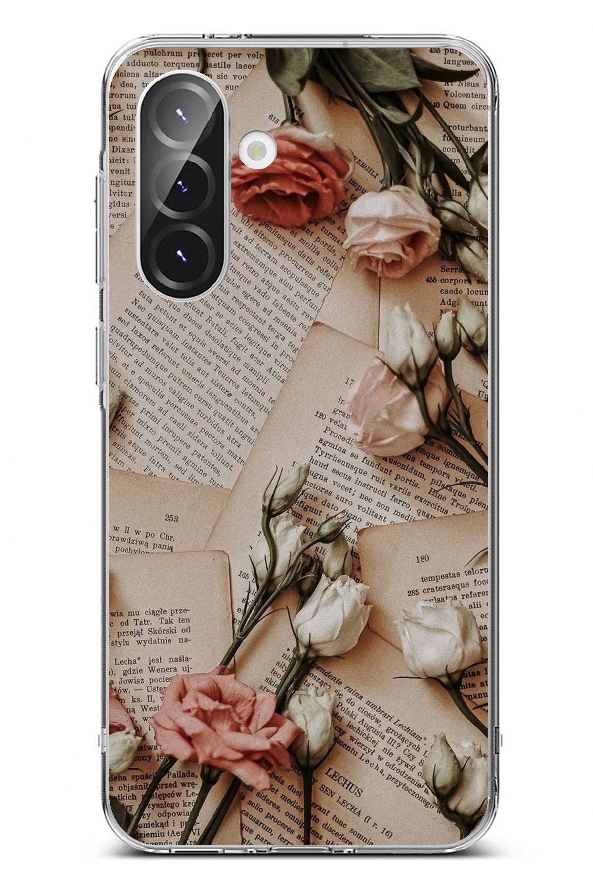 TechTree Galaxy A36 Uyumlu Retro Gazete Güller Tasarımlı Şeffaf Silikon Kılıf