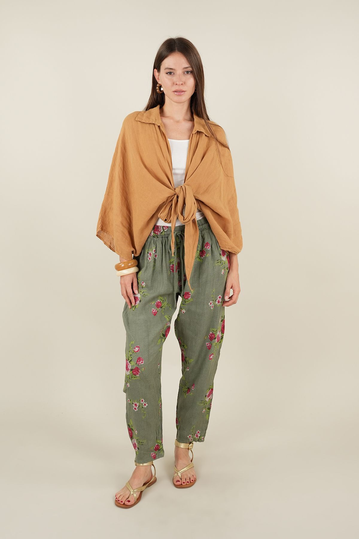 Ranasubaşı Rose Model Bağlamalı Keten Pantolon Haki