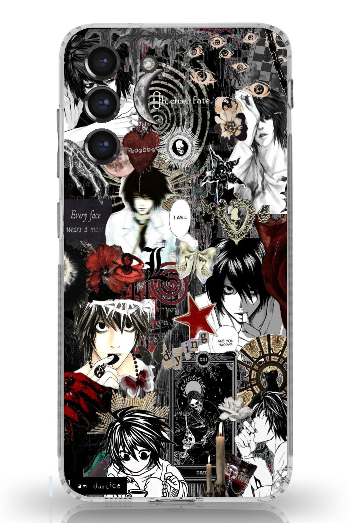 TechTree Galaxy S21 FE Uyumlu Death Note Kolaj Tasarımlı Şeffaf Silikon Kılıf