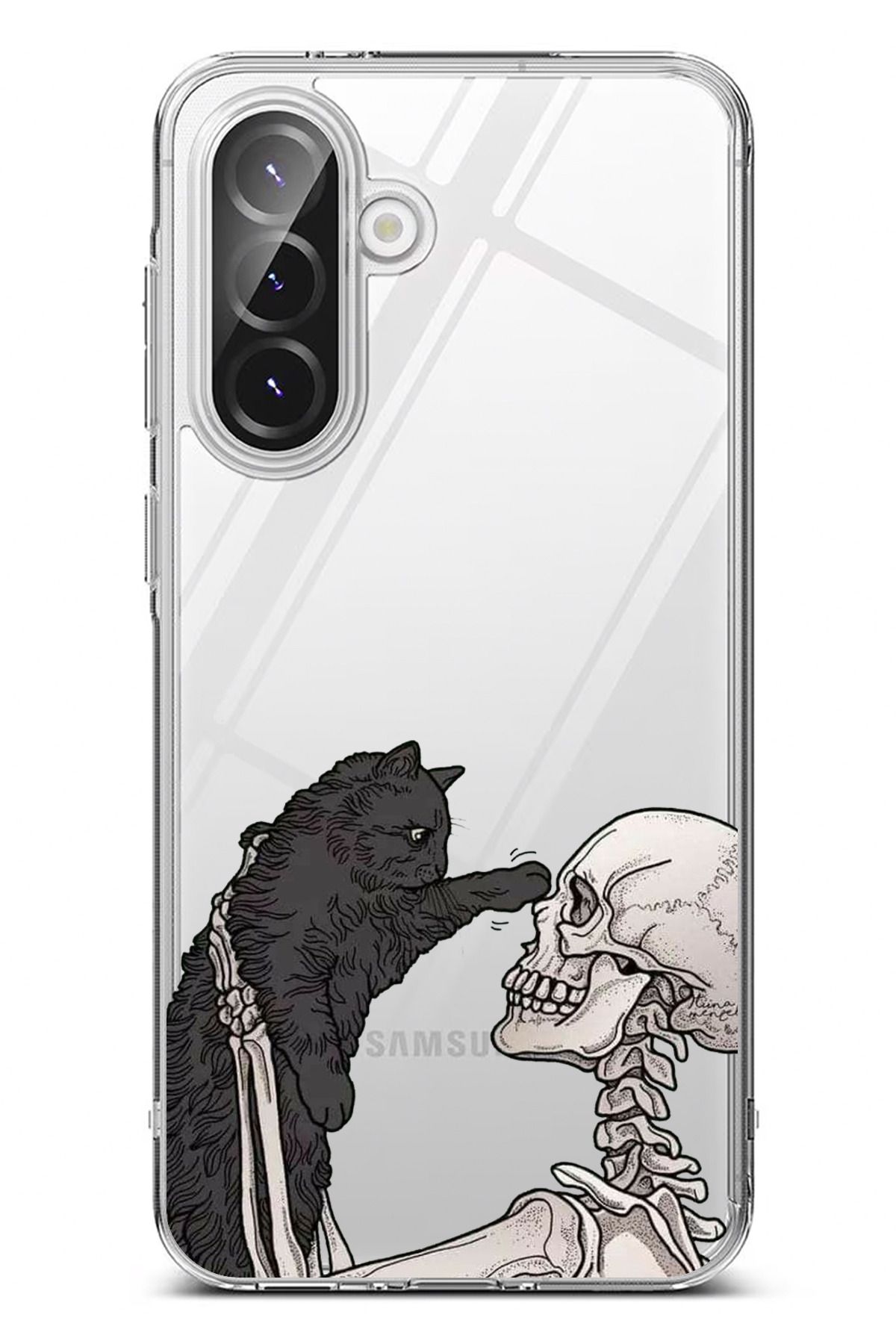 TechTree Galaxy A56 Uyumlu İskelet ve Kara Kedi Tasarımlı Şeffaf Silikon Kılıf