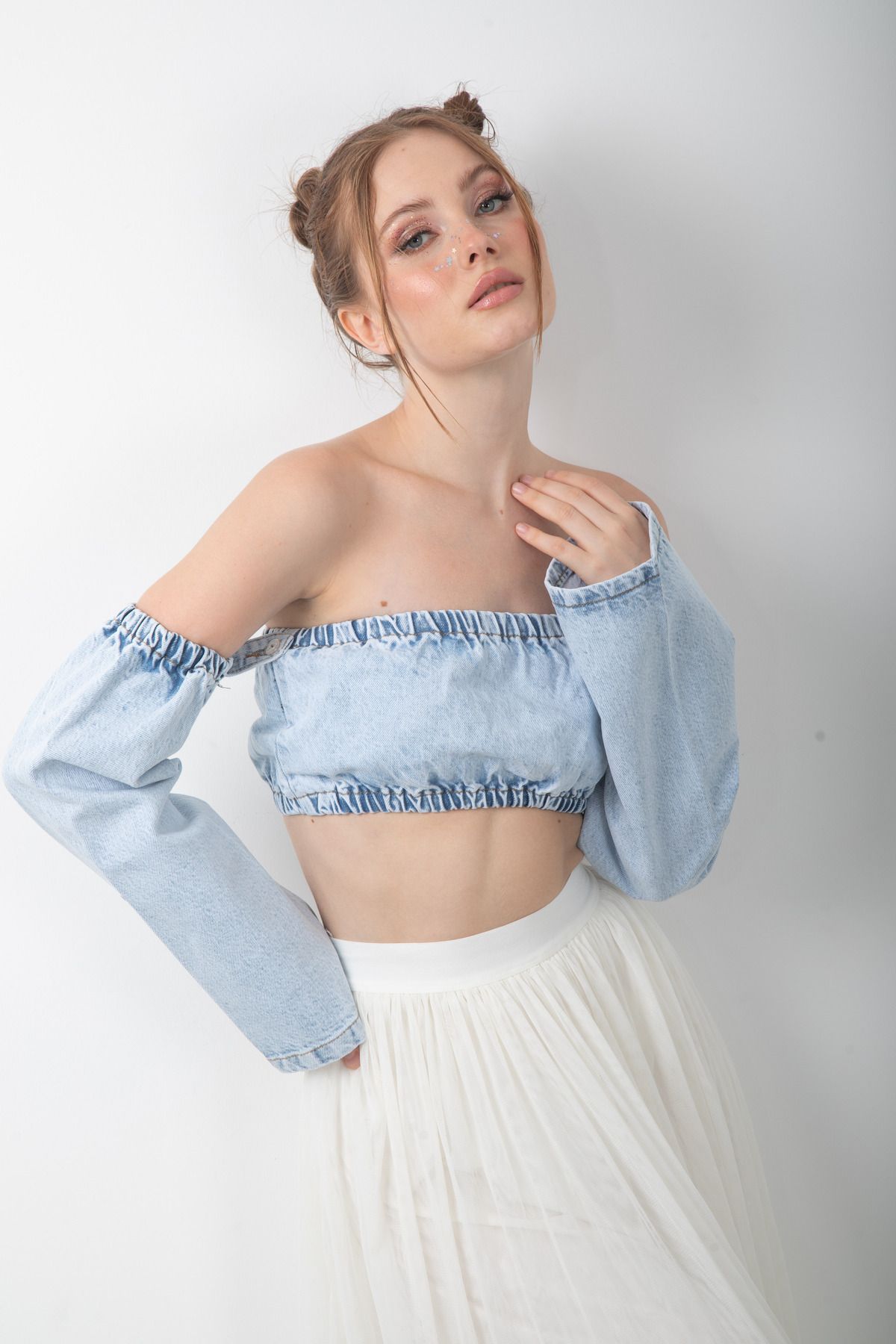 top girl Straplez Seyyar Uzun Kol Mavi Kot Crop Büstiyer