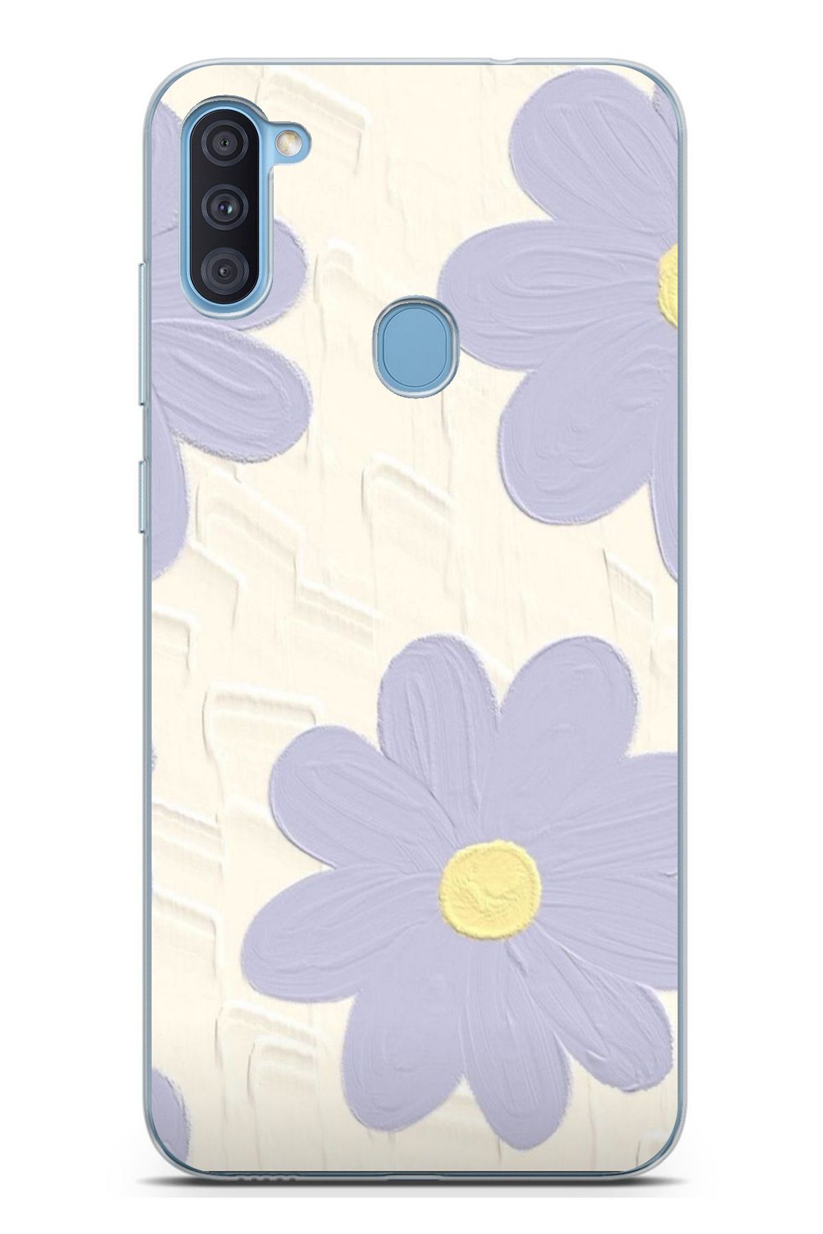 TechTree Galaxy A11 - M11 Uyumlu Mor Papatya Tasarımlı Şeffaf Silikon Kılıf