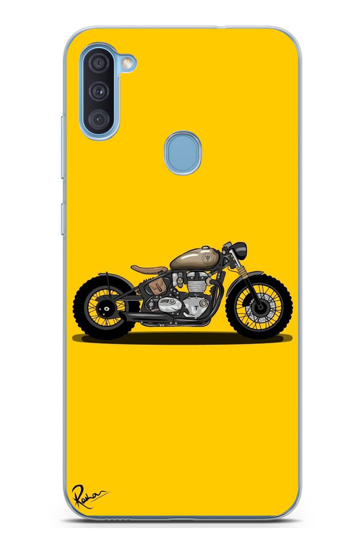 TechTree Galaxy A11 - M11 Uyumlu Klasik Motor Sarı Tasarımlı Şeffaf Silikon Kılıf