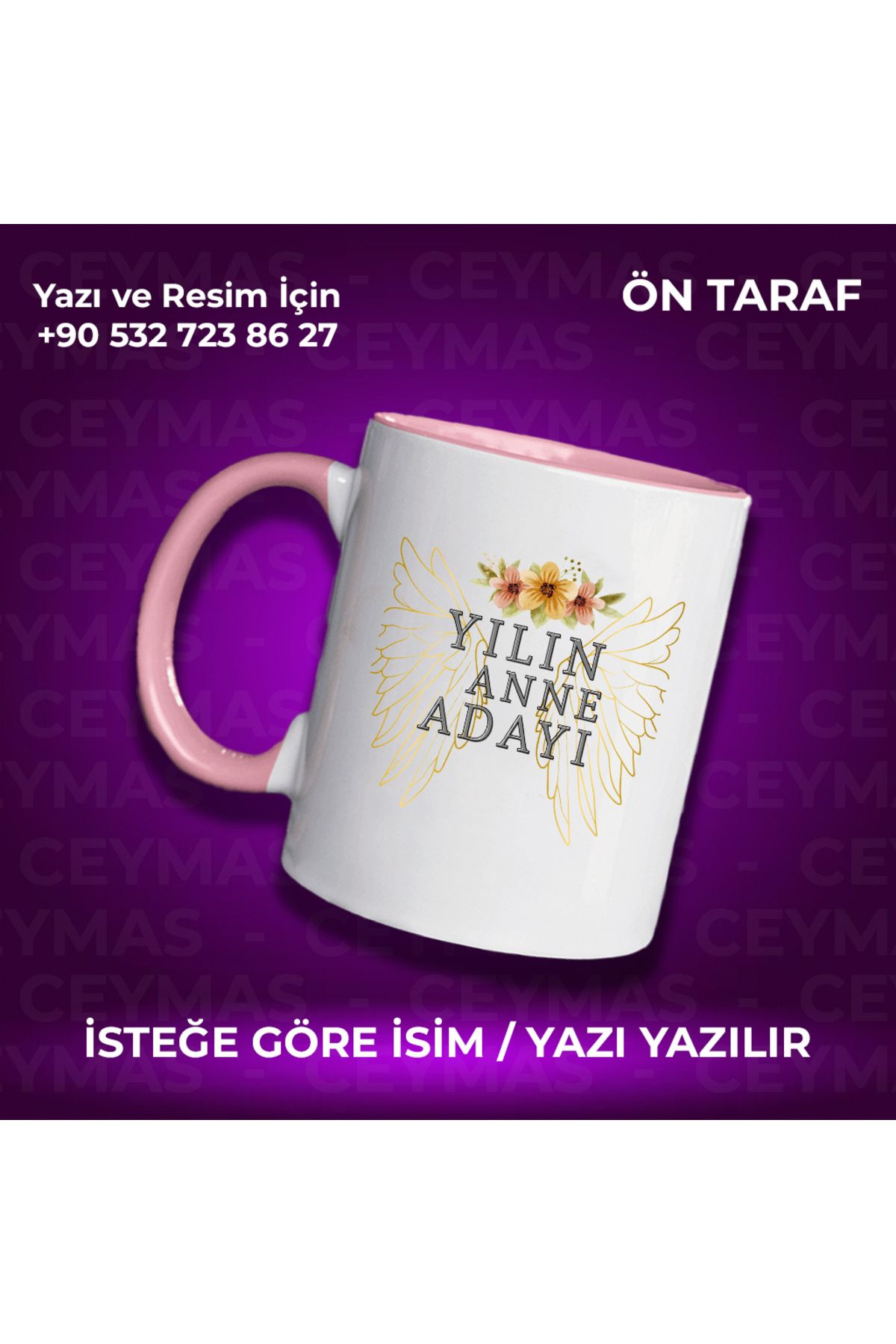 Ceymas Hediyelik Kişiye Özel İsimli Yılın Annesi Renkli Kupa Bardak Kahve Fincanı