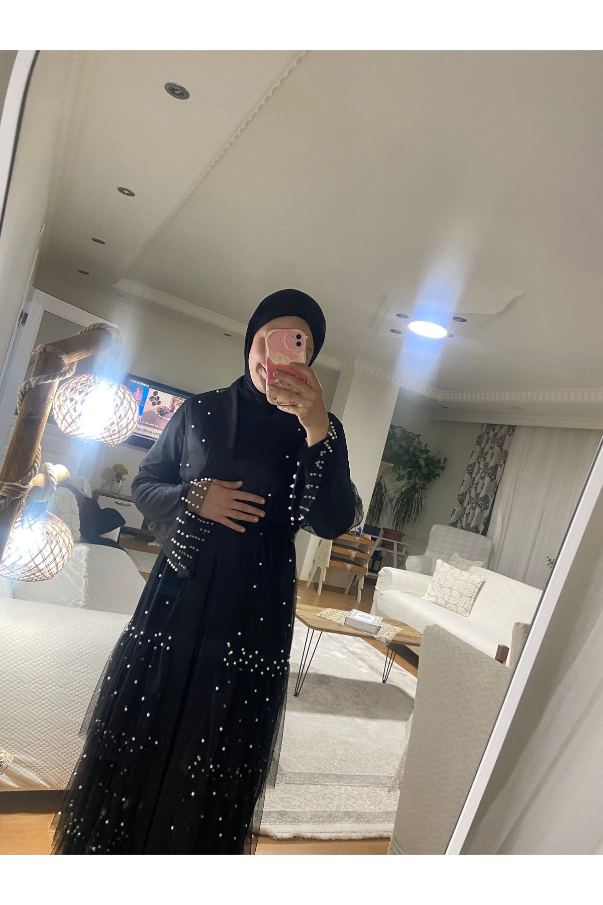 QSS İnci Detay Siyah Abaya