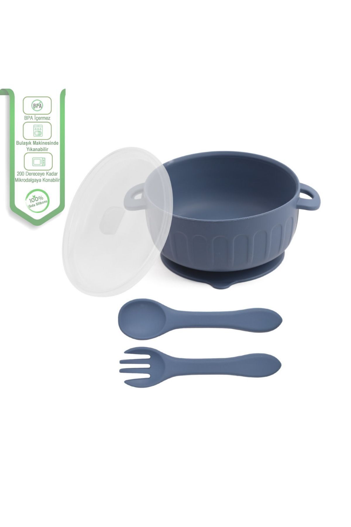 jojobebek Vakumlu Silikon Kapaklı Mama Kasesi, Altı Vakumlu Mama Kasesi, Silikon Kaşık Ve Çatal / Lacivert fotoğrafı 5 (önizleme)