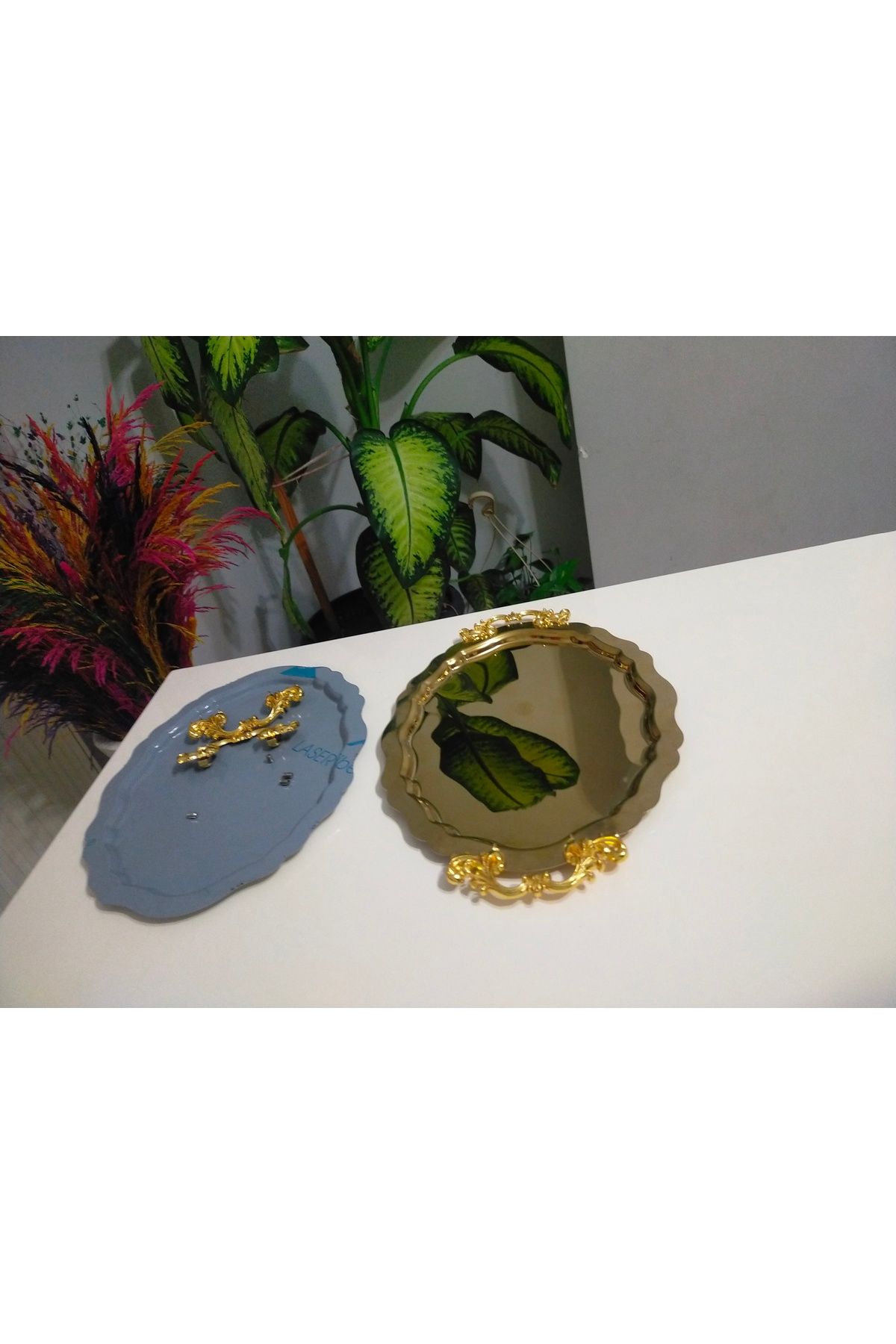 SUN INOX STORE 6 Adet Oval Gold Kulplu Aksesuarlı Çay Kahve Sunum , Söz Nişan Ve Dekor Tepsisi