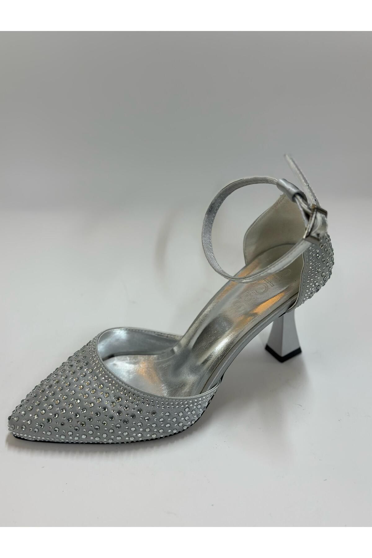 LINASHOES07 GÜMÜŞ Taşlı Topuklu Stiletto Bilekten Kemerli Parlak Taşlı Düğün Ayakkabısı