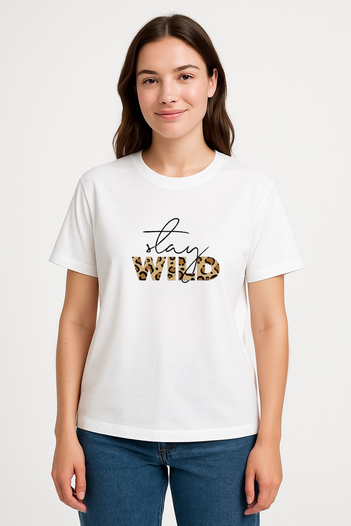 Let's Wear Stay Wild Leopar Baskılı Bisiklet Yakalı Premium Kadınlar Için Tshirt