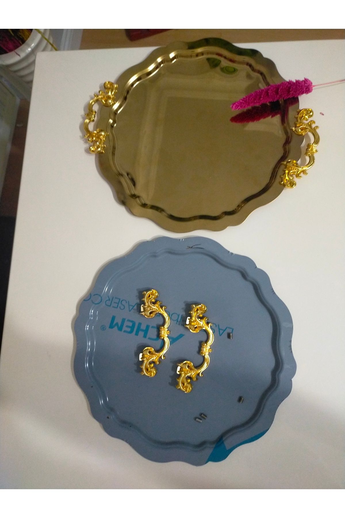 SUN INOX STORE 6 Adet Yuvarlak Gold Kulplu Aksesuarlı Çay Kahve Sunum , Söz Nişan Ve Dekor Tepsisi