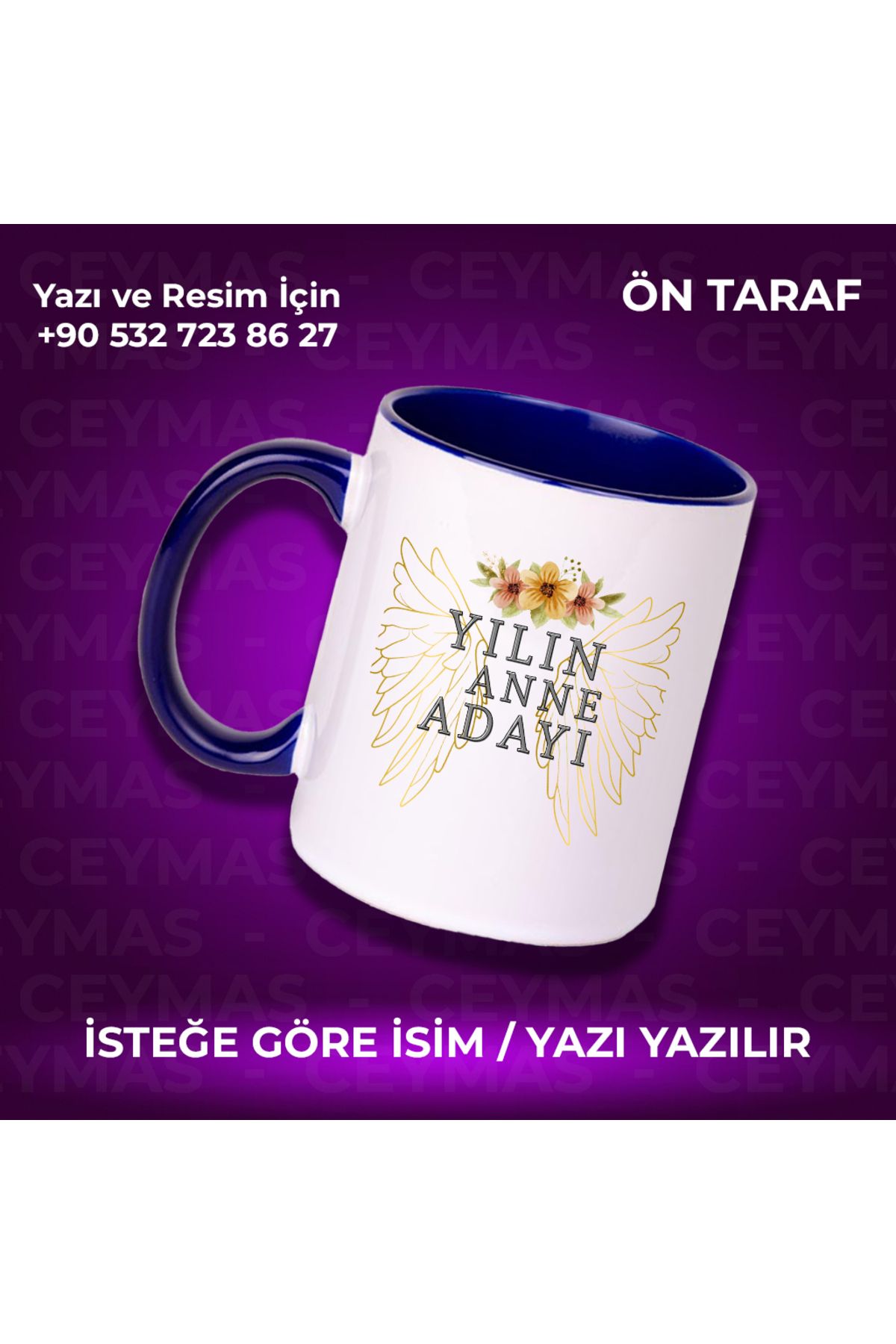 Ceymas Hediyelik Kişiye Özel İsimli Yılın Annesi Renkli Kupa Bardak Kahve Fincanı