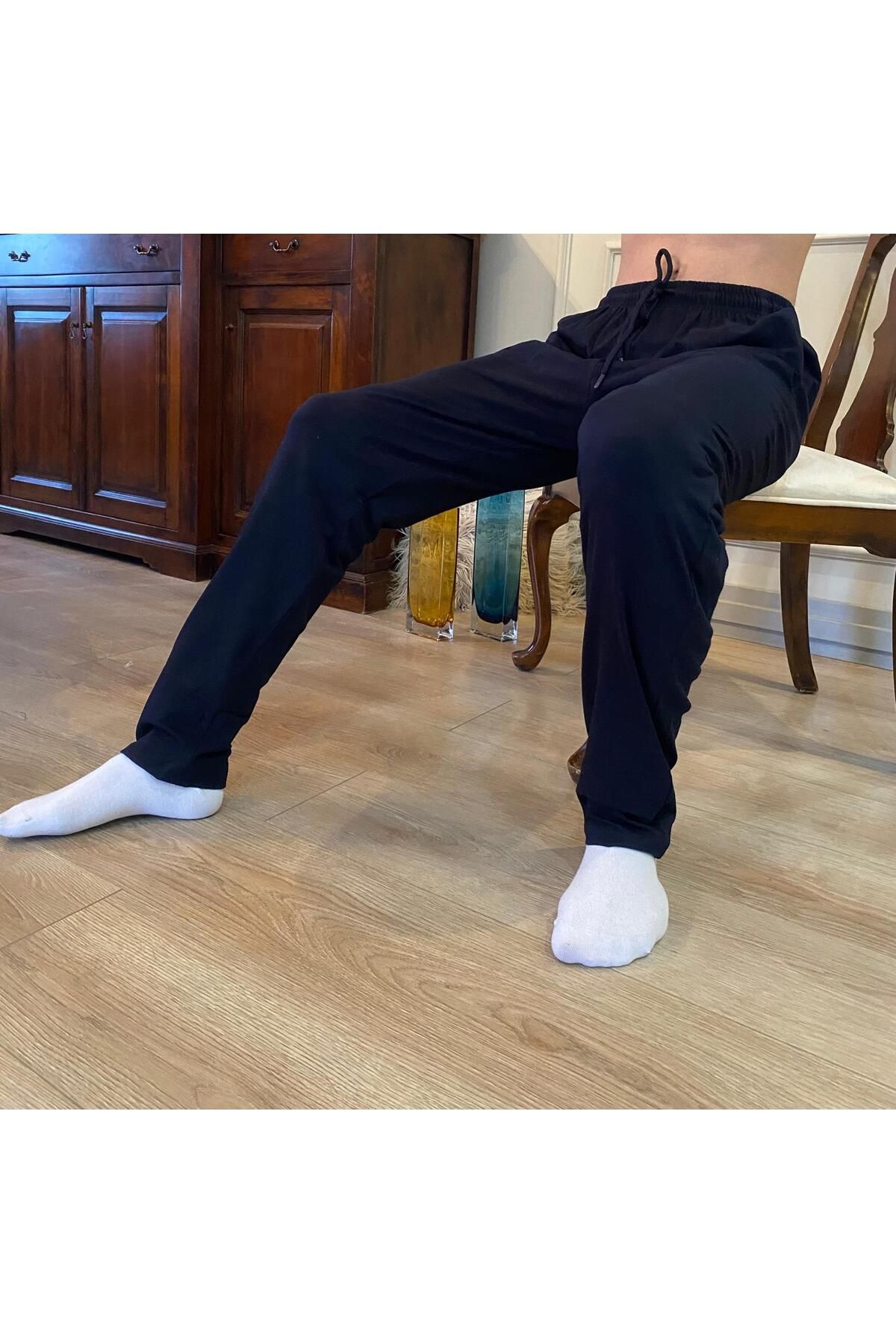 DÜVEN Erkek Lacivert Düz Paça Penye %100 Pamuklu Standart Fit Pijama Altı Normal Kesim Beli Lastikli Cepli