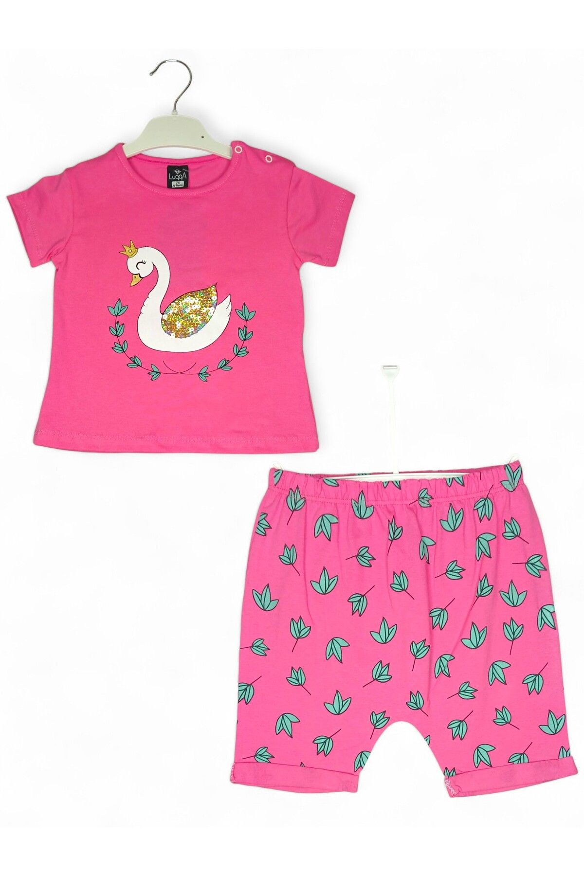 For My Baby Luqqa- Kız Bebek 2'li Alt Üst Takım Koyu Pembe T-shirt Taçlı Kuğulu Tshirt Pul detaylı Tişört