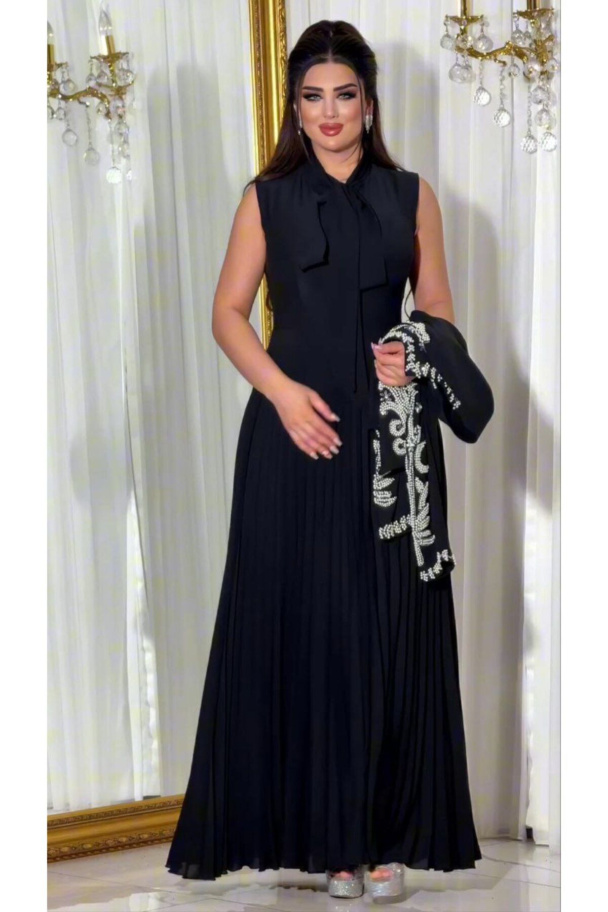 ZENABİYEM Zena Fashion İnci Taş Baskı Ceketli Pileli Abiye Elbise