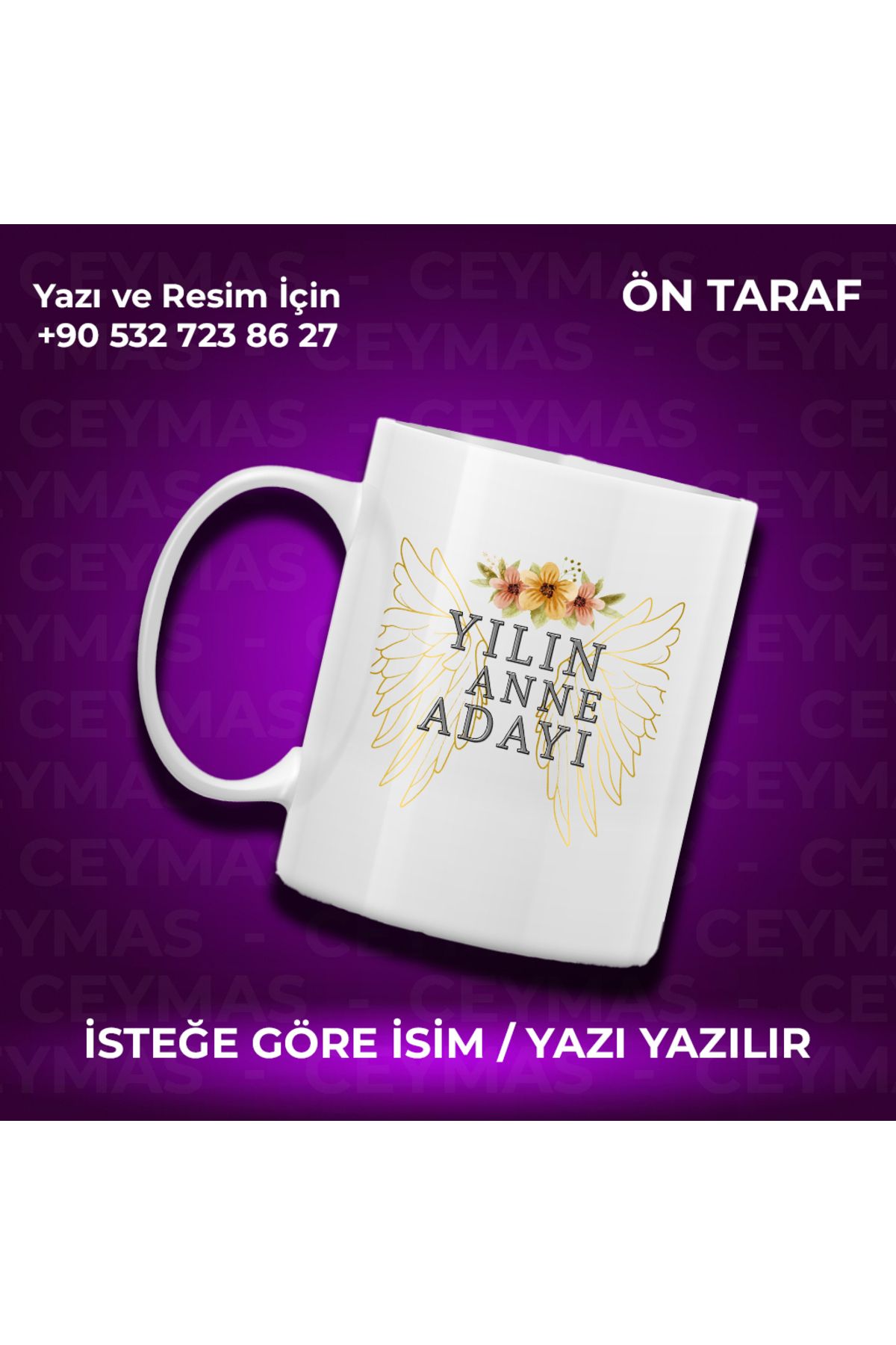 Ceymas Hediyelik Kişiye Özel İsimli Yılın Annesi Renkli Kupa Bardak Kahve Fincanı