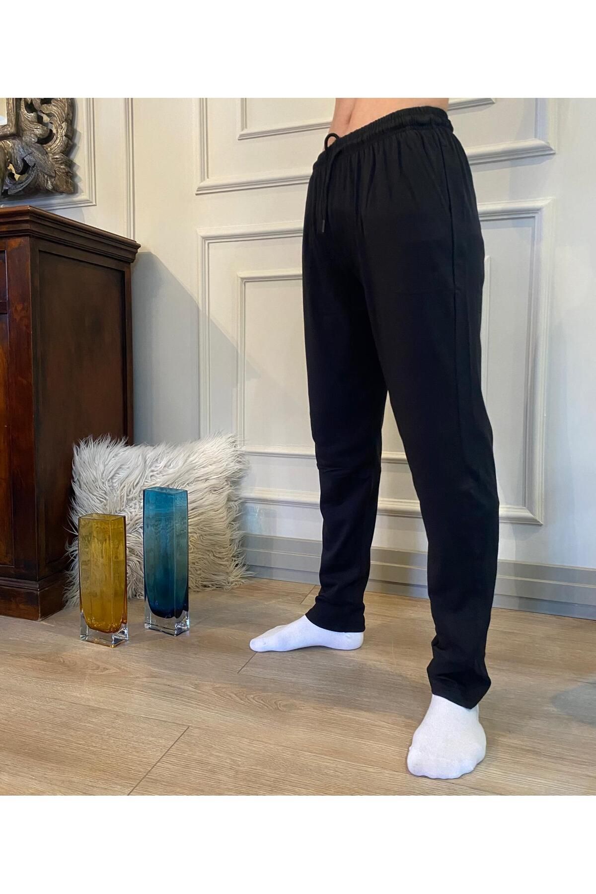 DÜVEN Erkek Siyah Düz Paça Penye %100 Pamuklu Standart Fit Pijama Altı Normal Kesim Beli Lastikli Cepli