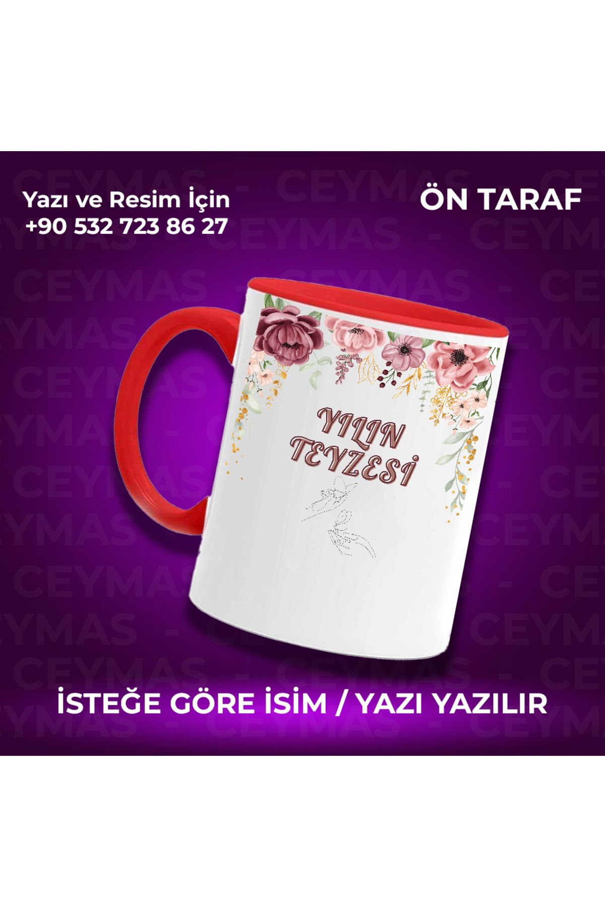 Ceymas Hediyelik Kişiye Özel İsimli Yılın Teyzesi Baskılı Hediyelik Renkli Kupa Bardak