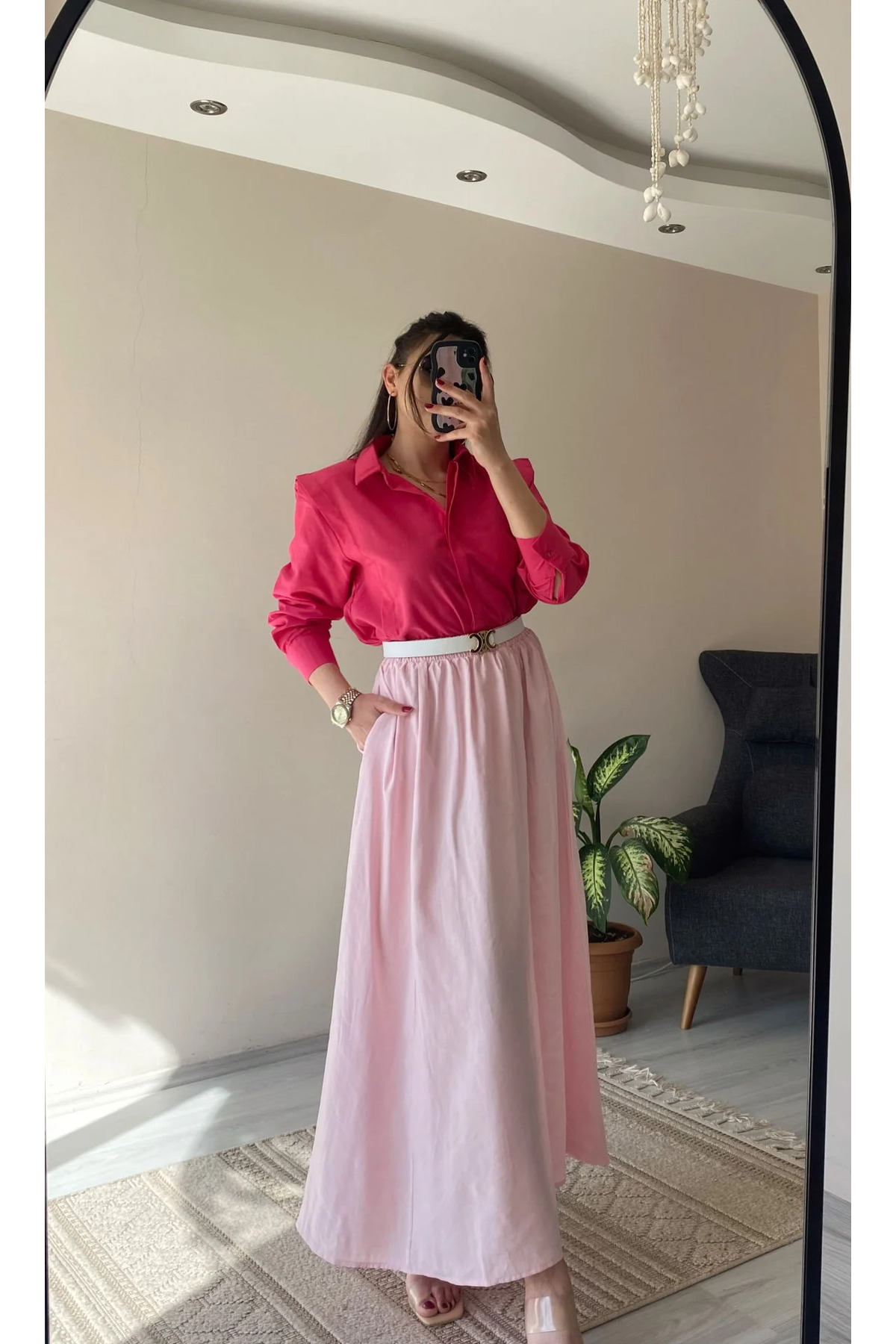 Hacer Balcı  Lyocell Beli Lastikli Çift Cepli Uzun Etek - Görsel 5