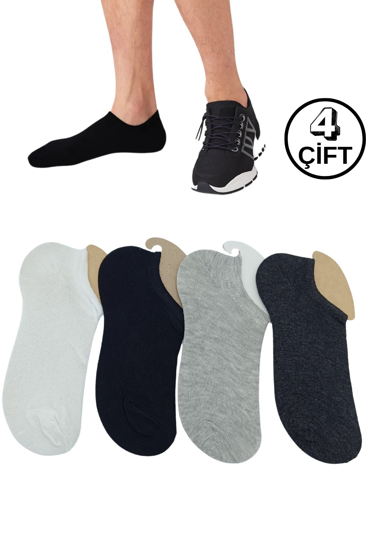 stellare Pamuklu Sneaker Görünmez Düz Erkek Renkli Çorap 4 Çift