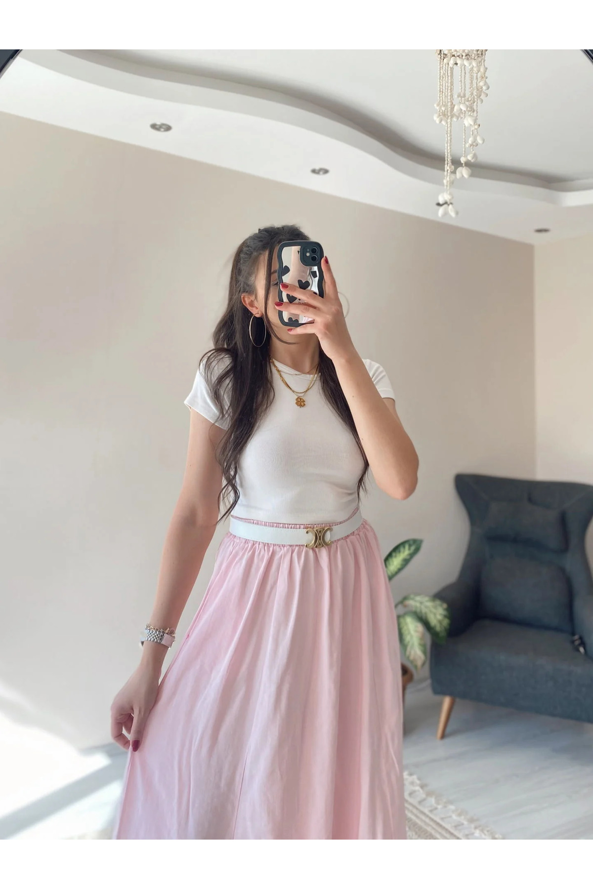 Hacer Balcı  Lyocell Beli Lastikli Çift Cepli Uzun Etek - Görsel 4