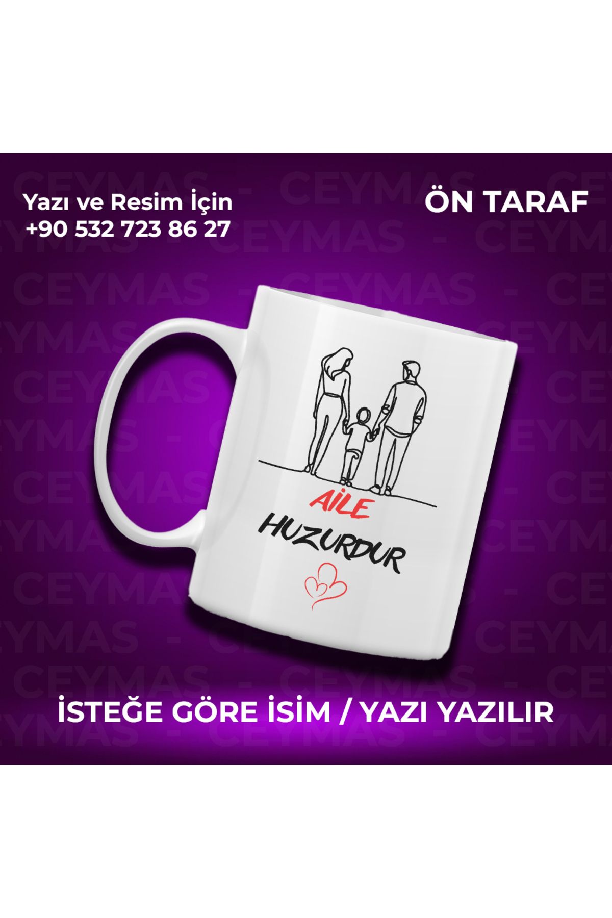 Ceymas Hediyelik Kişiye Özel İsimli Aile Huzurdur Baskılı Hediyelik Renkli Kupa Bardak