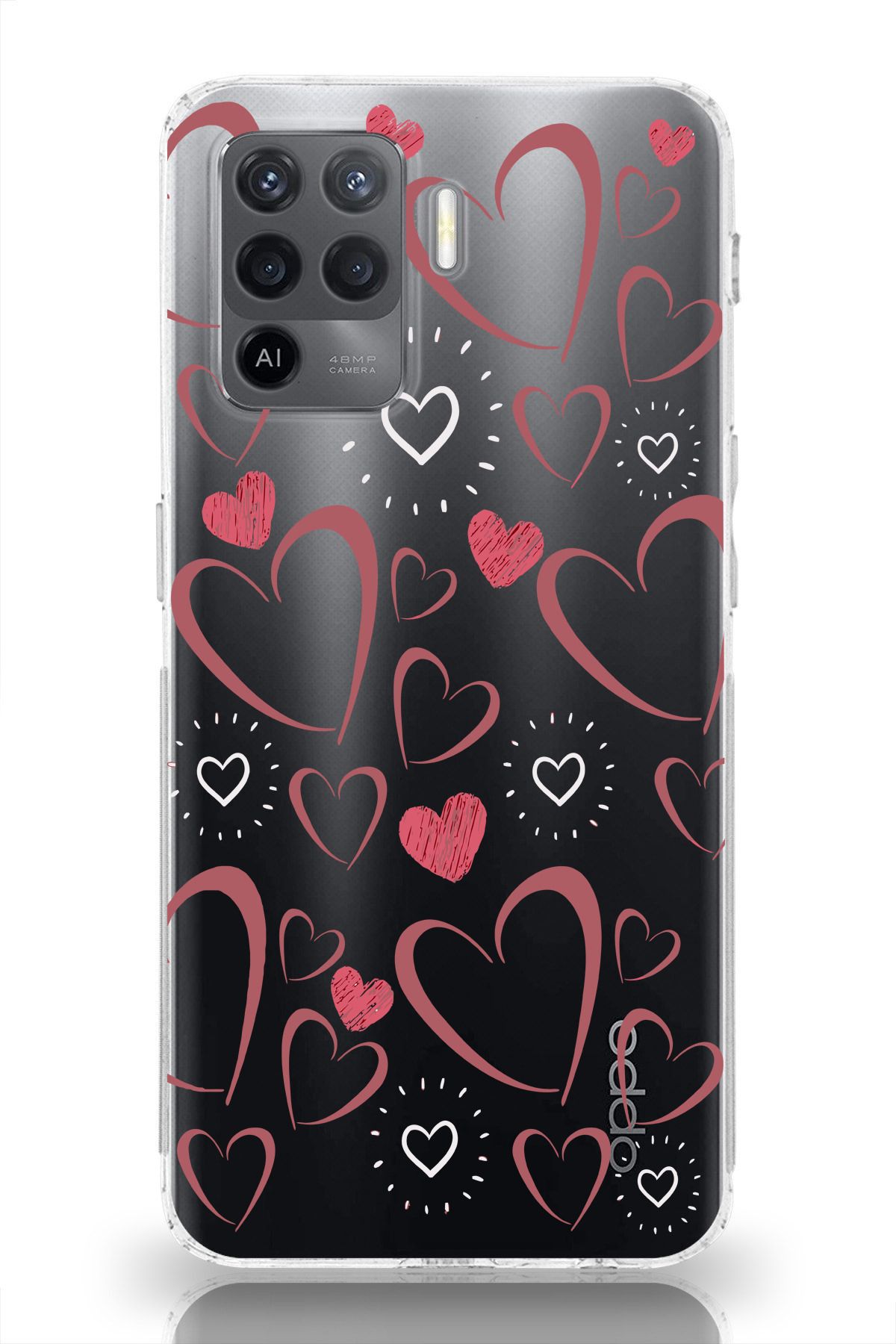 moonset Oppo Reno 5 Lite Uyumlu Kalpler Tasarımlı Baskılı Şeffaf Telefon Kılıfı