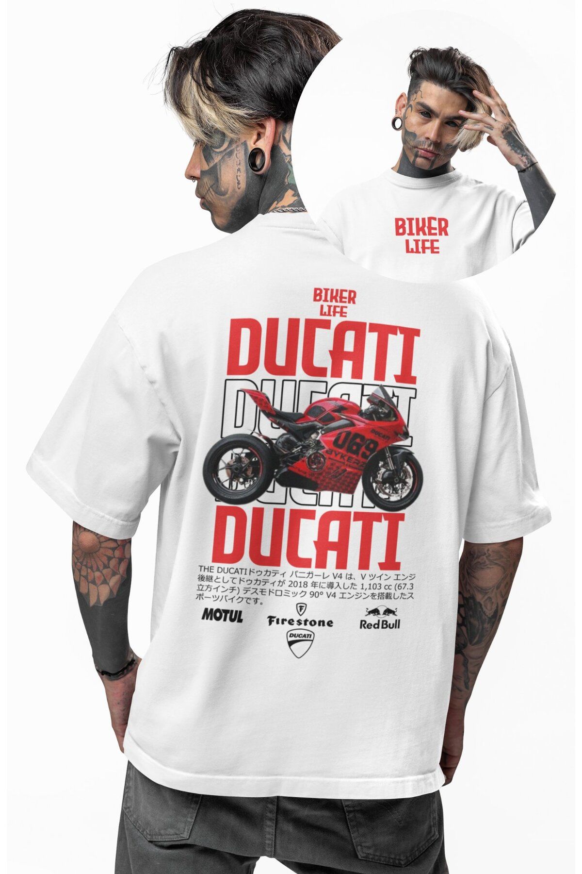 Fuddy Moda Unisex Kırmızı Mavi Ducatti Biker Life Sırt Baskılı Tişört, Oversize Motorsiklet Temalı T-Shirt