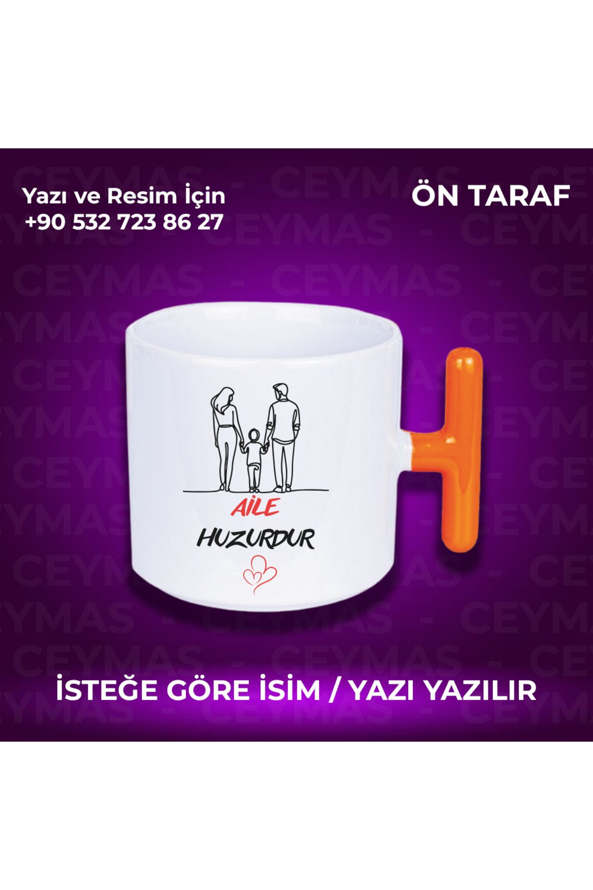 Ceymas Hediyelik Kişiye Özel İsimli Aile Huzurdur Baskılı Hediyelik Renkli Kupa Bardak