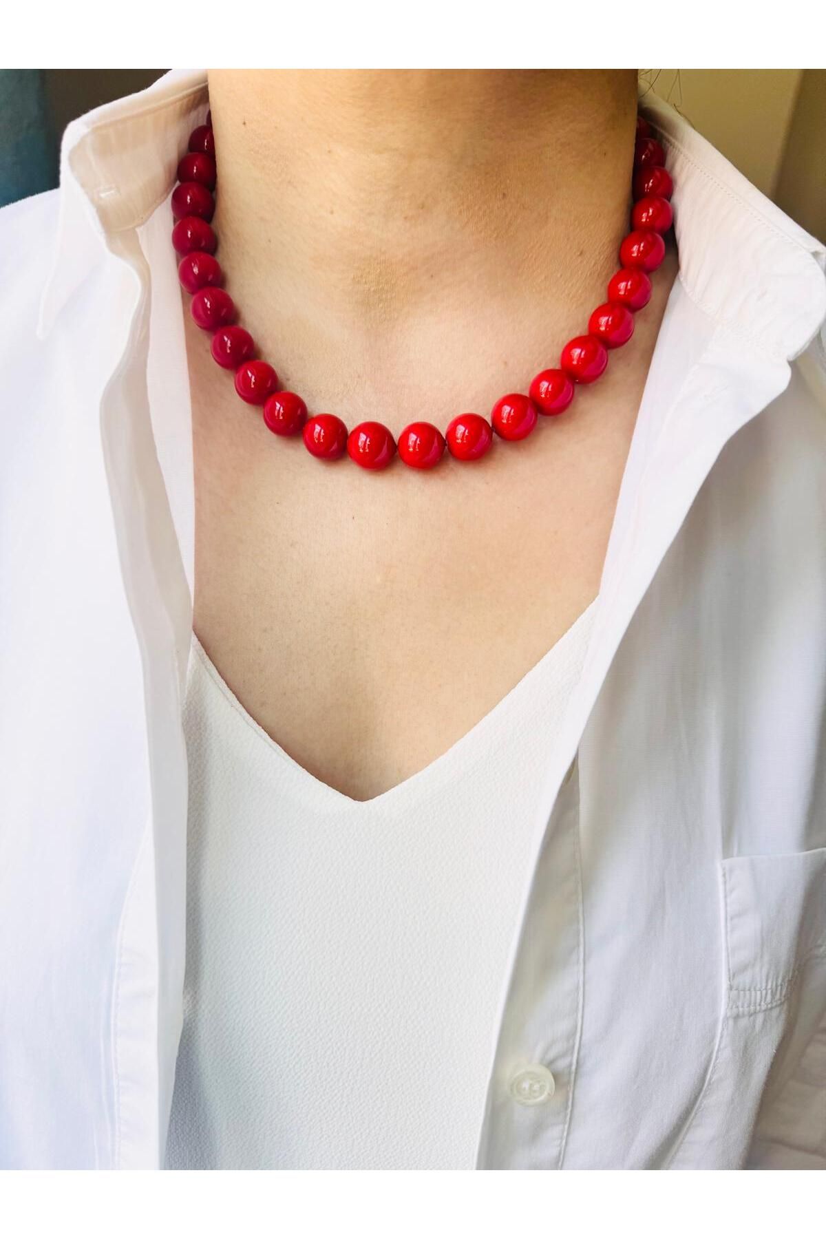 DEVİ fashion Kırmızı Mayorka İnci Kolye 46 cm