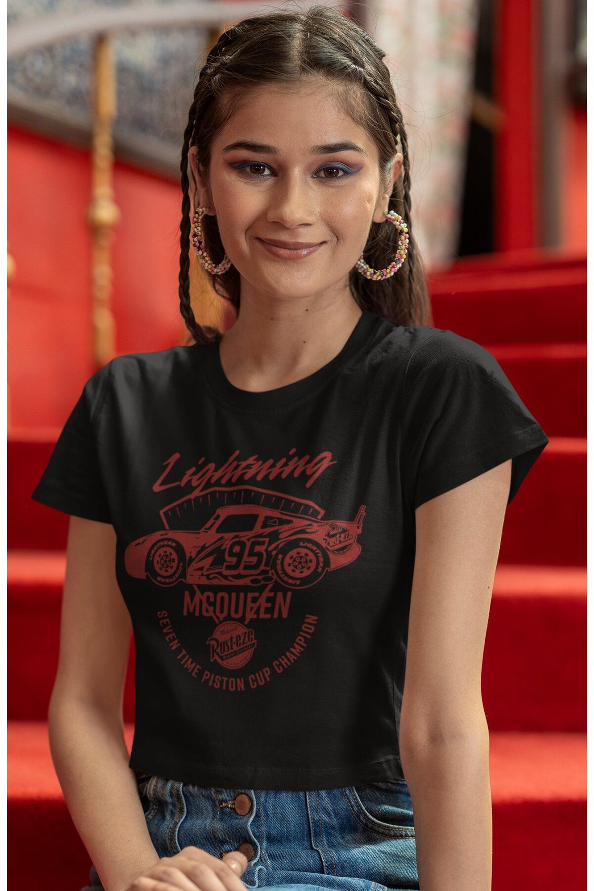 Fuddy Moda 95 Cars Baskılı Crop Top, Kadın Arabalar Film Temalı Crop Bluz