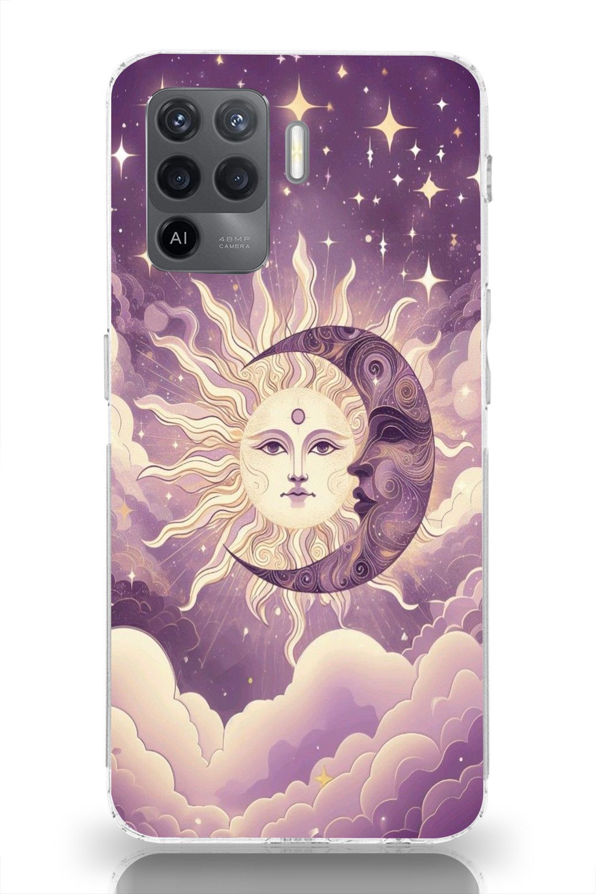 moonset Oppo Reno 5 Lite Uyumlu Ay ve Güneş Tasarımlı Baskılı Şeffaf Telefon Kılıfı