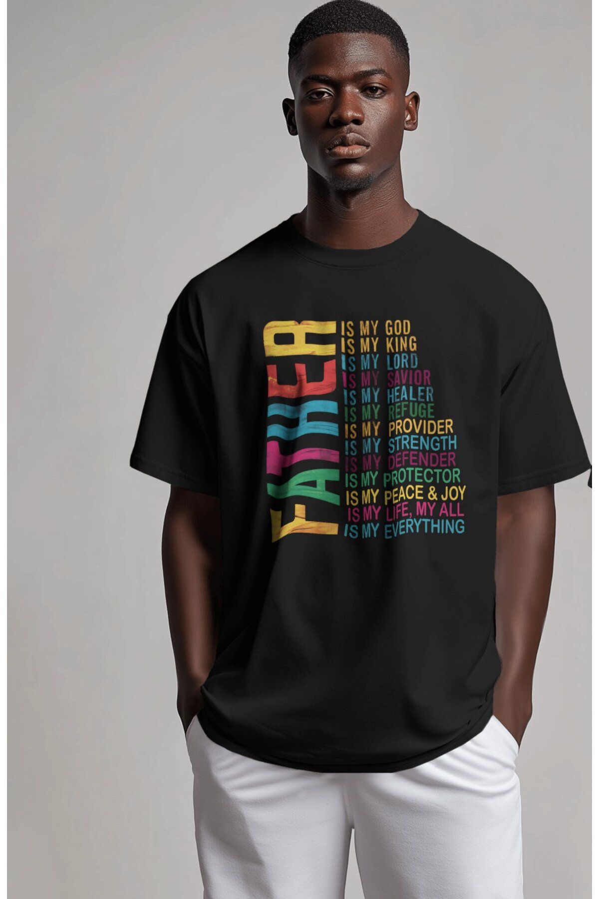 Fuddy Moda Renkli Father Baskılı Tişört, Oversize Babalar Günü Temalı T-Shirt