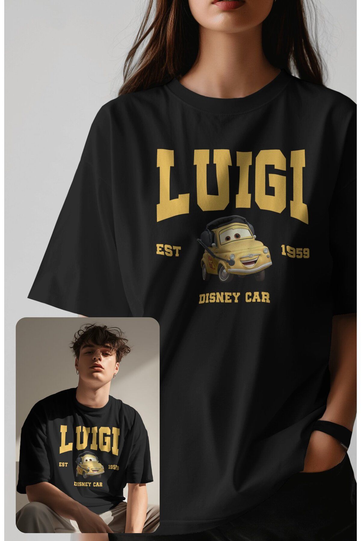 Fuddy Moda Unisex Arabalar Luigi Est 1959 Baskılı Tişört, Oversize Cars Film Temalı T-Shirt