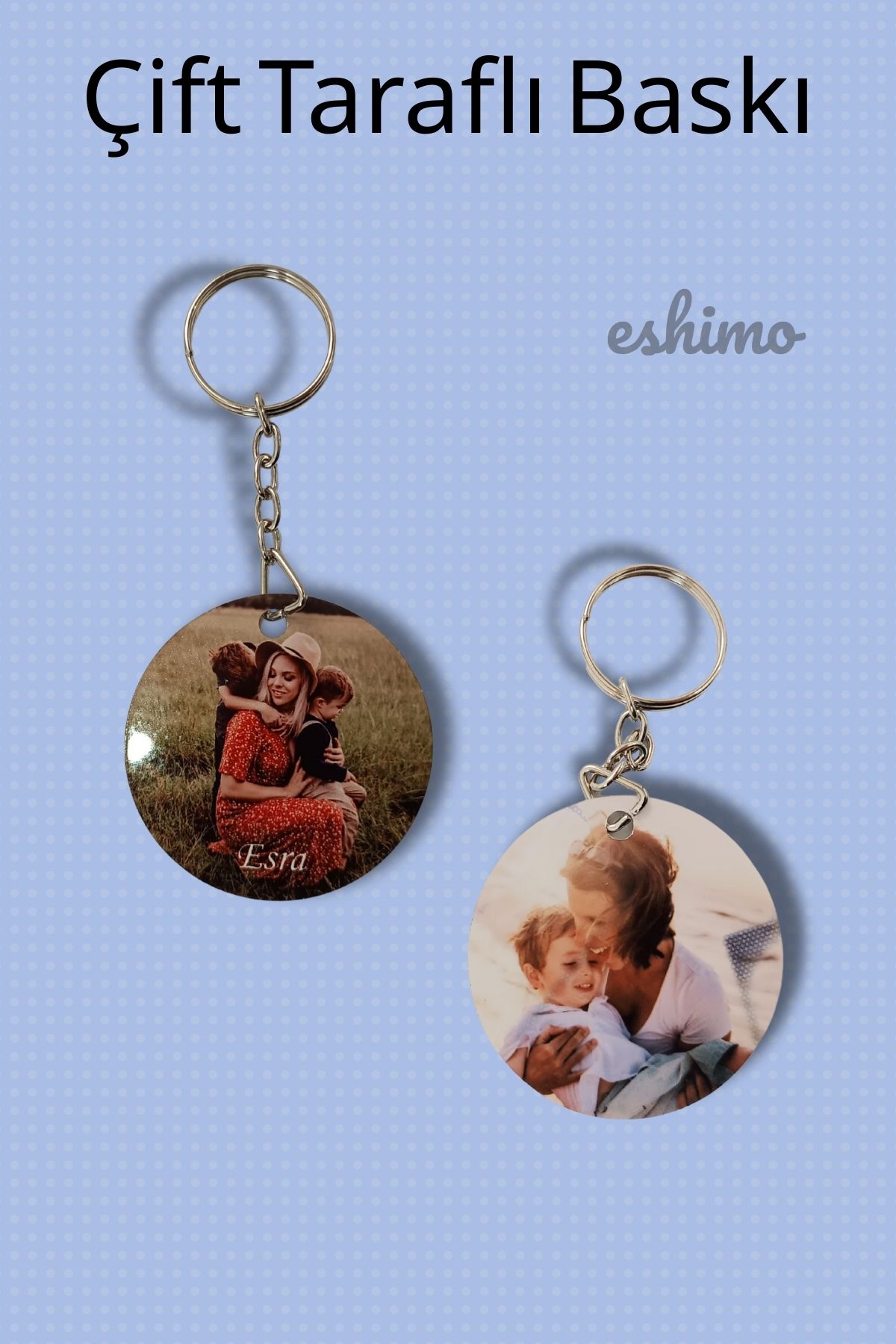 Eshimo Kişiye Özel Çift Taraflı Fotoğraf Baskılı Yuvarlak Metal Anahtarlık (5x5 cm)