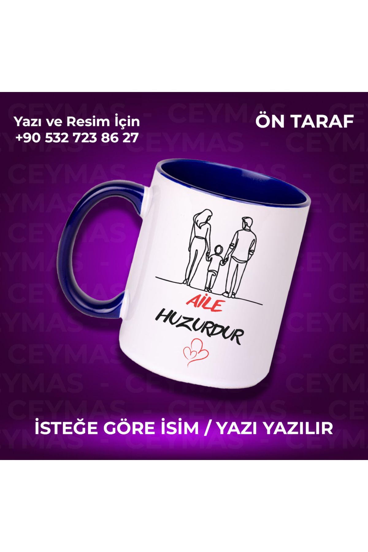 Ceymas Hediyelik Kişiye Özel İsimli Aile Huzurdur Baskılı Hediyelik Renkli Kupa Bardak
