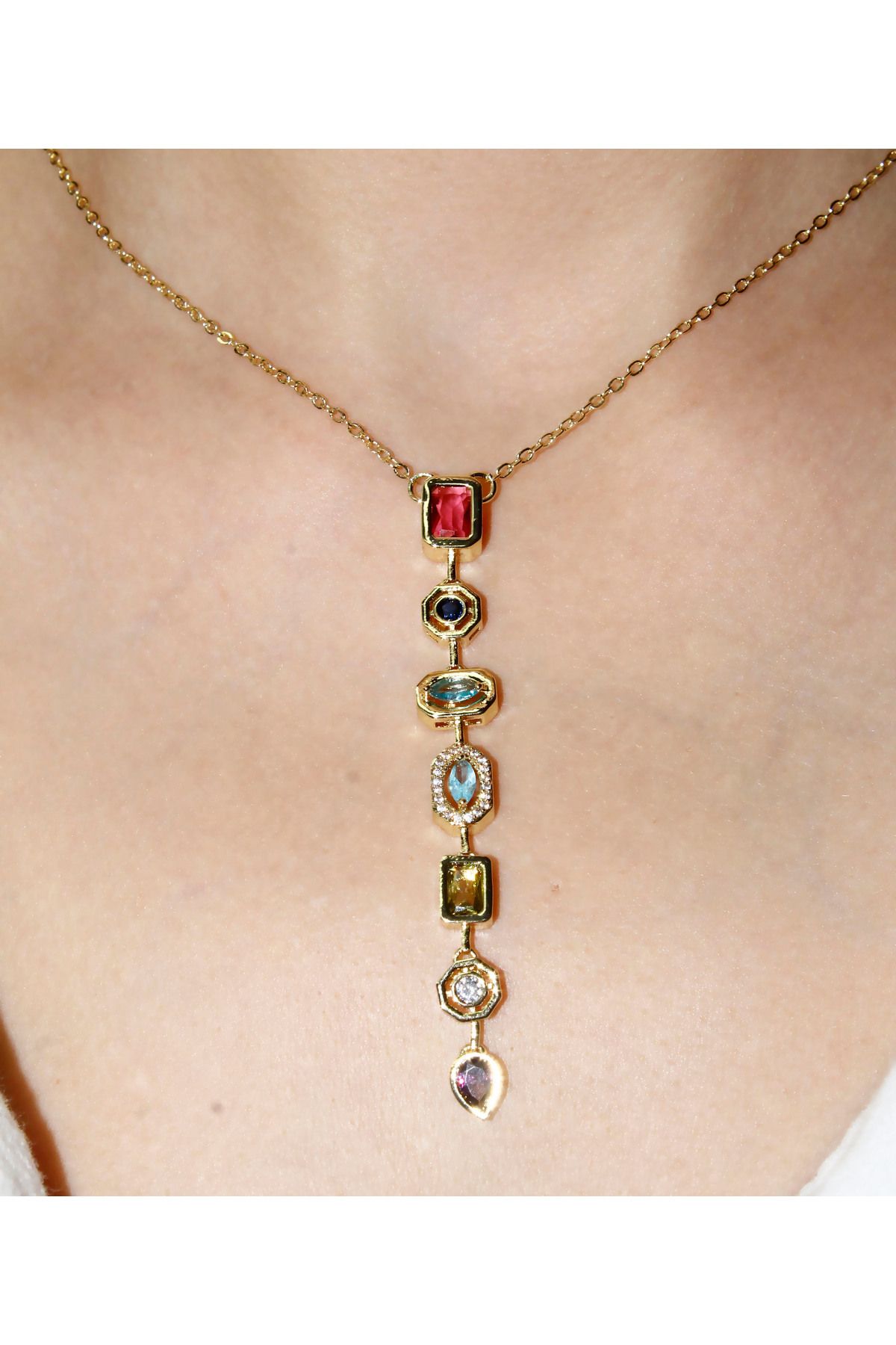 Glowy&Co. Rainbow Vintage Y Gold Kararmaz Çelik Kolye