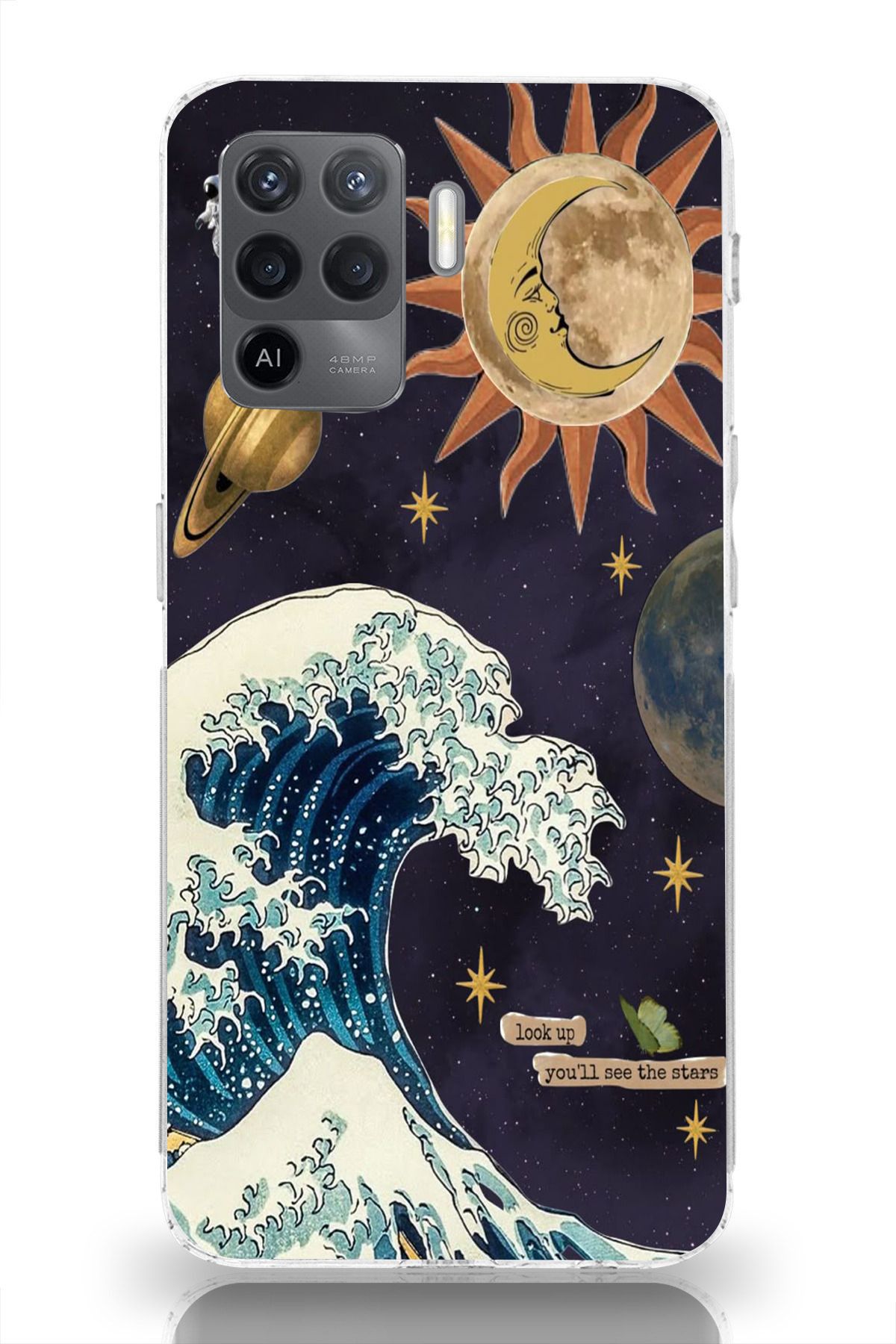 moonset Oppo Reno 5 Lite Uyumlu Dalga ve Güneş Tasarımlı Baskılı Şeffaf Telefon Kılıfı