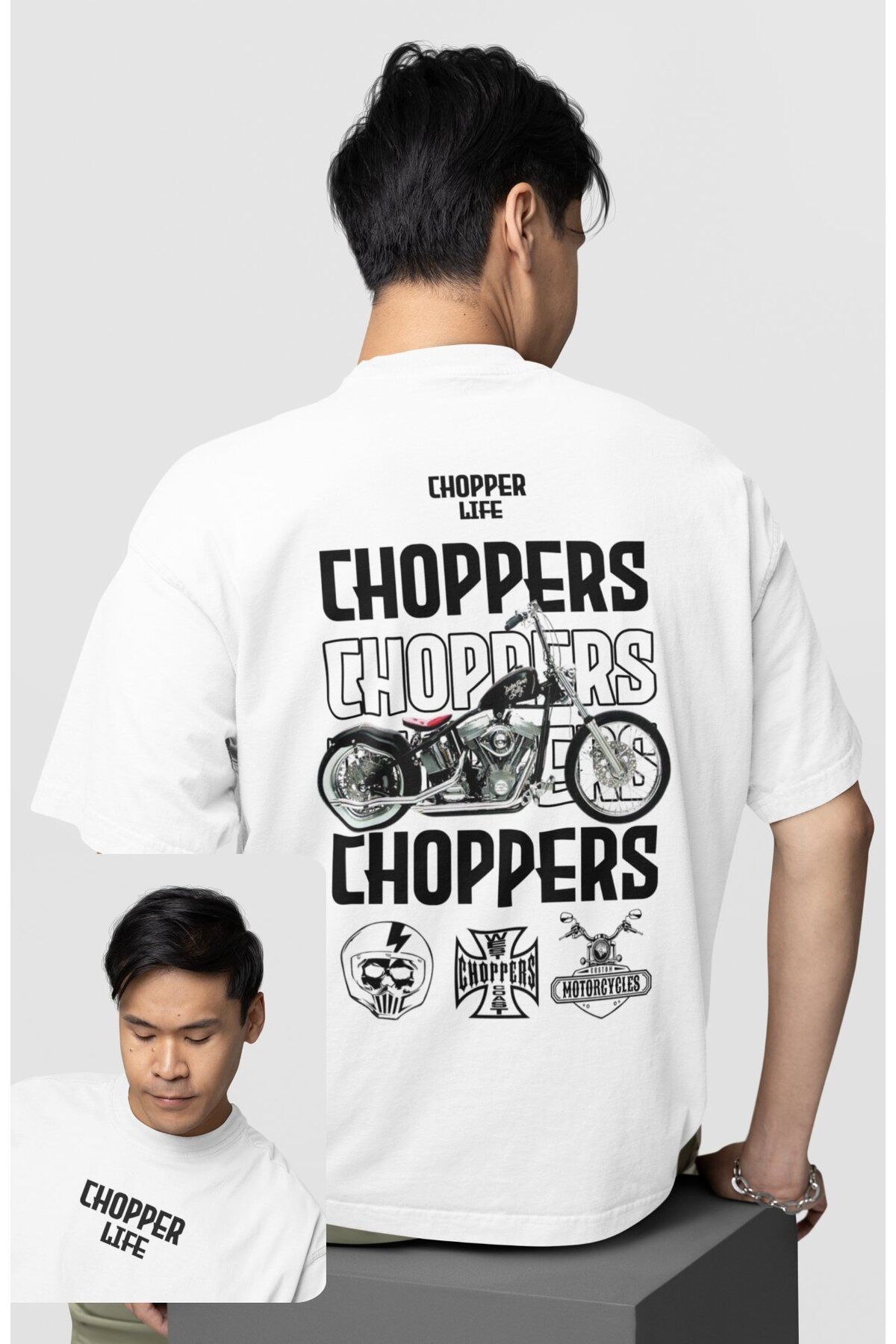 Fuddy Moda Unisex Chopers Life Sırt Baskılı Tişört, Oversize Motorsiklet Temalı T-Shirt