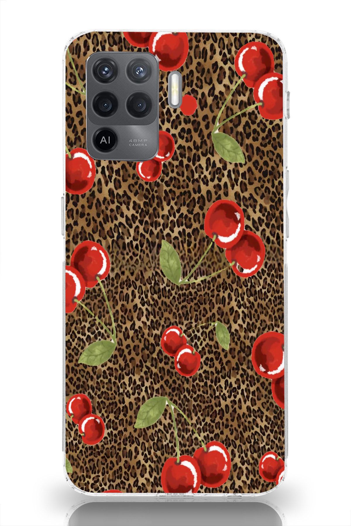 moonset Oppo Reno 5 Lite Uyumlu Leopar ve Kiraz Tasarımlı Baskılı Şeffaf Telefon Kılıfı
